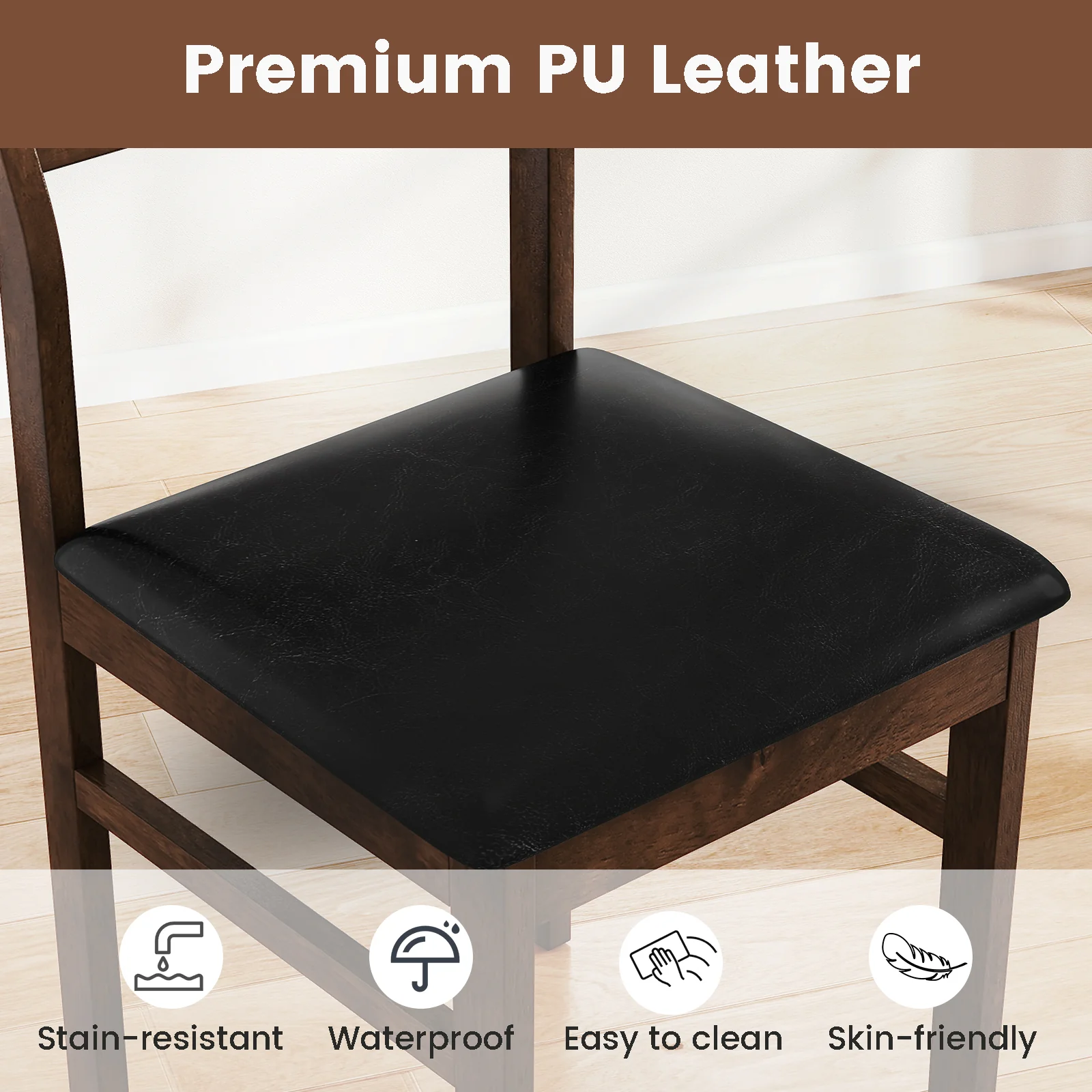 Wooden Dining Chair Set of 2 with PU Leather Padded Seat and Rubber Wood Frame, Walnut - Image 8