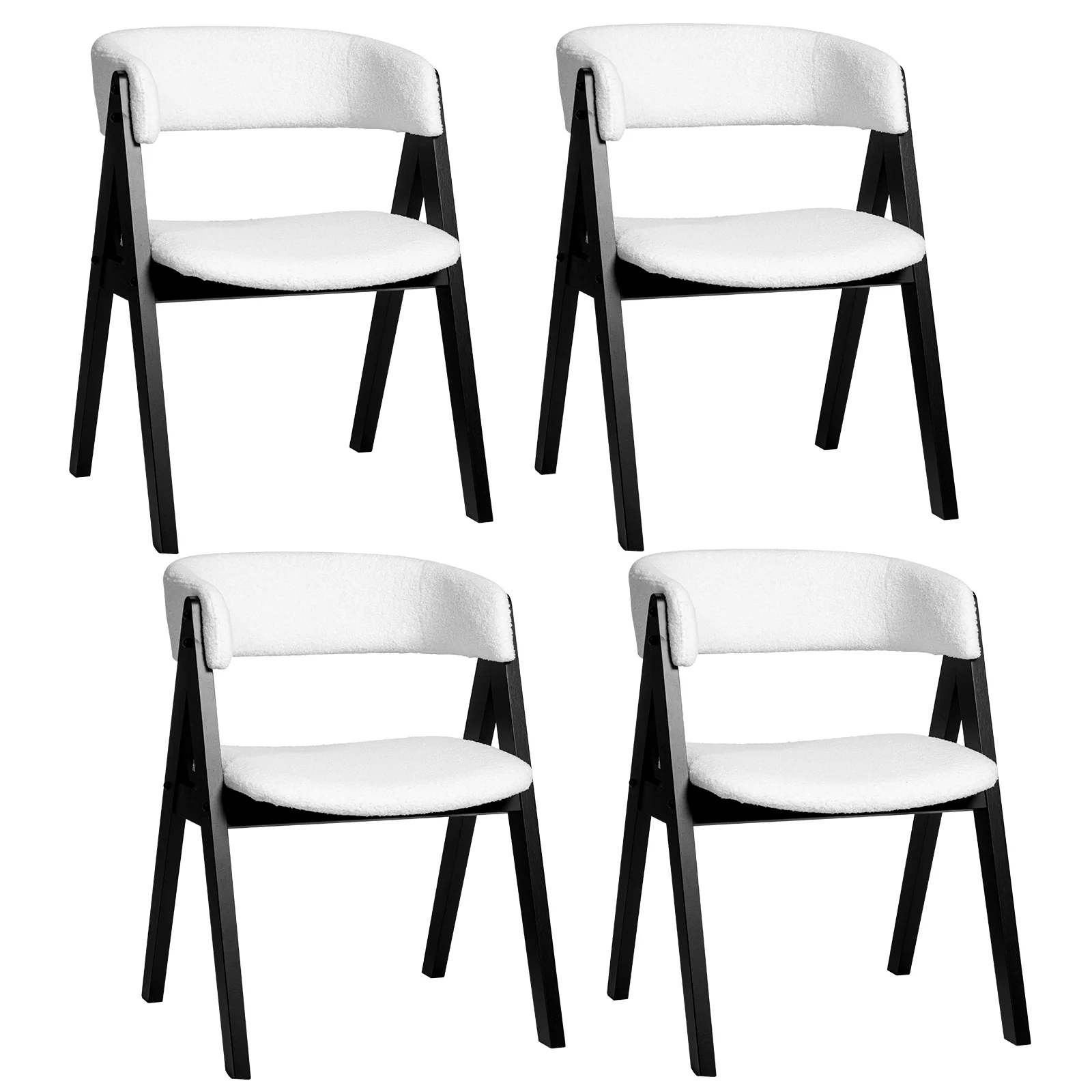 Wooden Dining Chair Set Of 4, Mid-Century Modern, Sherpa Upholstered, Black