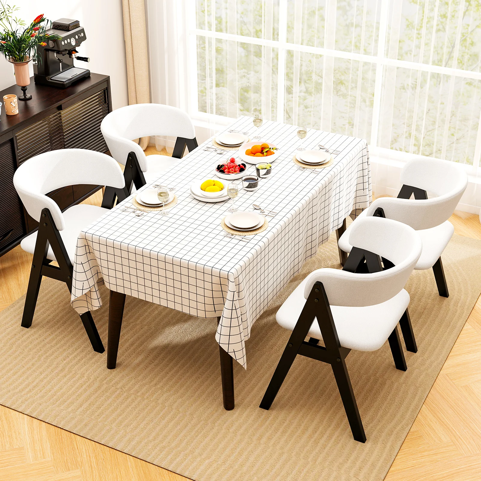Wooden Dining Chair Set Of 4, Mid-Century Modern, Sherpa Upholstered, Black - Image 3
