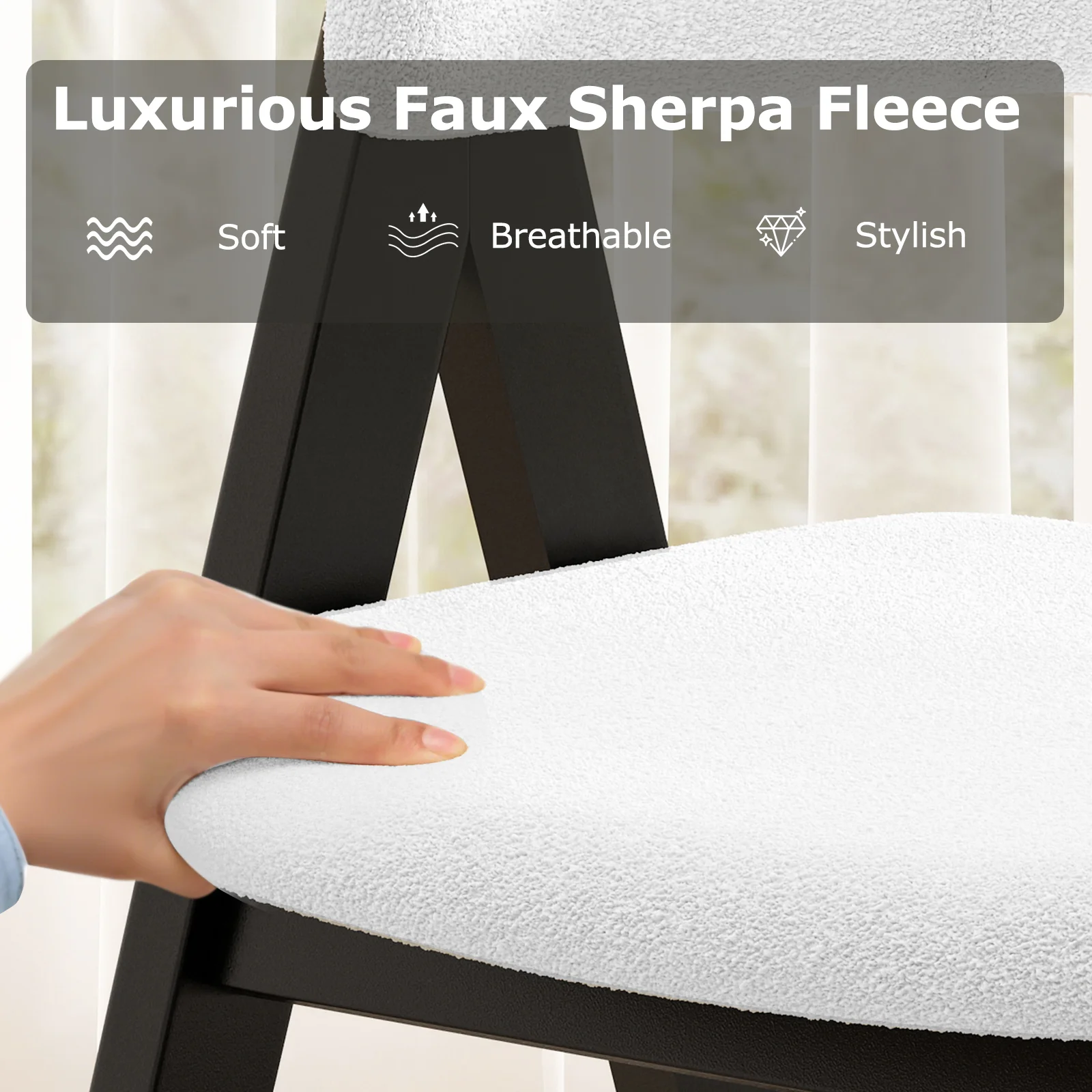 Wooden Dining Chair Set Of 4, Mid-Century Modern, Sherpa Upholstered, Black - Image 8
