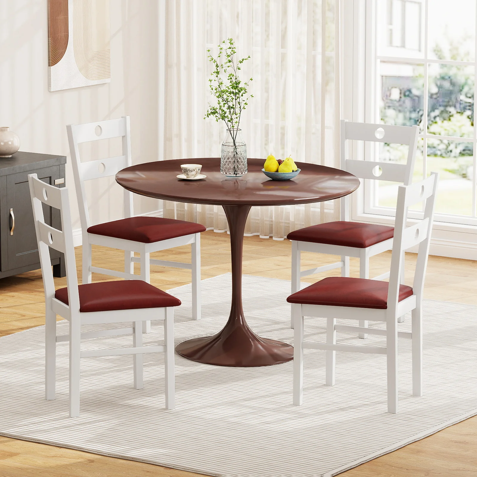 Wooden Dining Chairs Set of 2 Armless Kitchen Chairs with Hollowed Backrest, White - Image 3