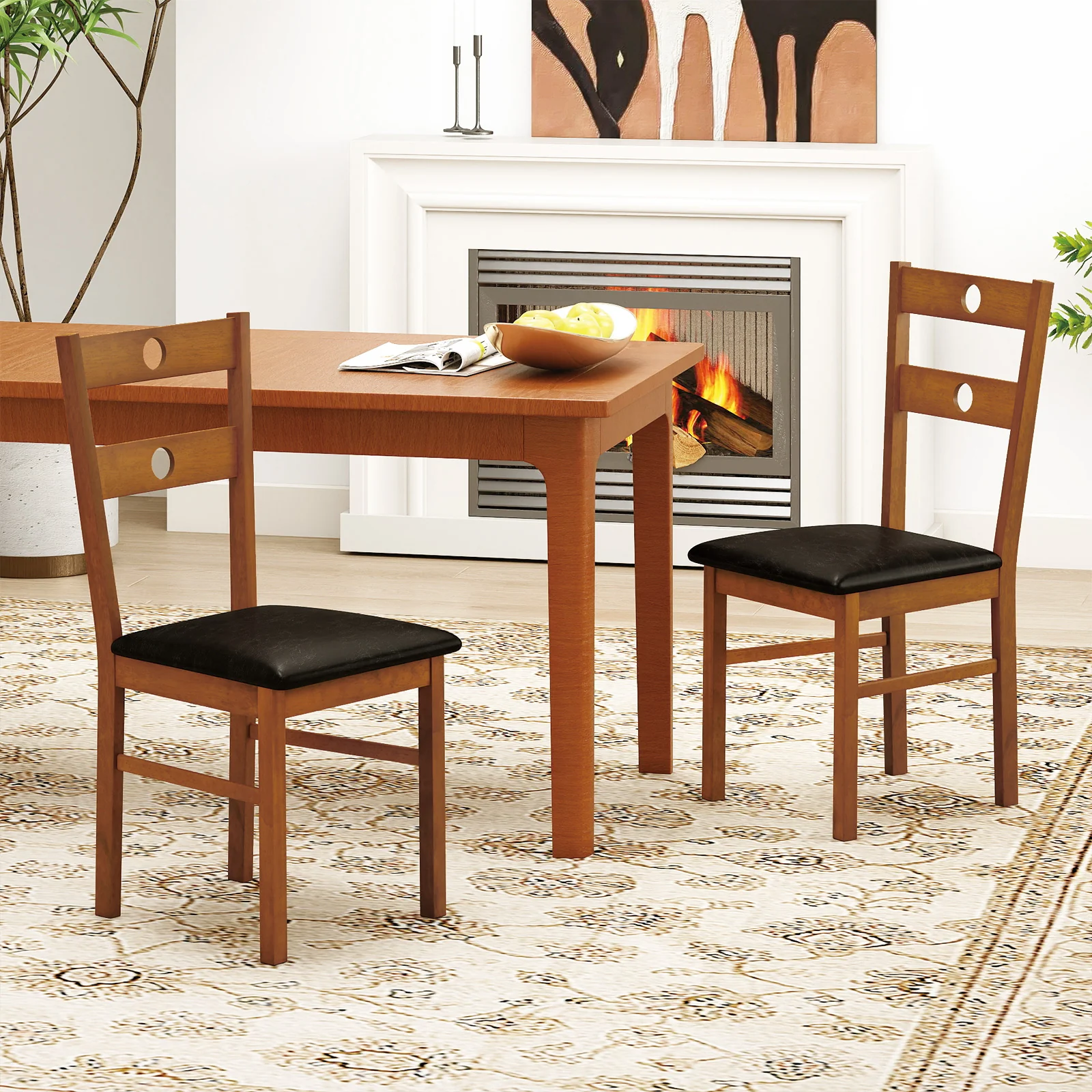 Wooden Dining Chairs Set of 4 Armless Kitchen Chairs with Hollowed Backrest, Brown - Image 2