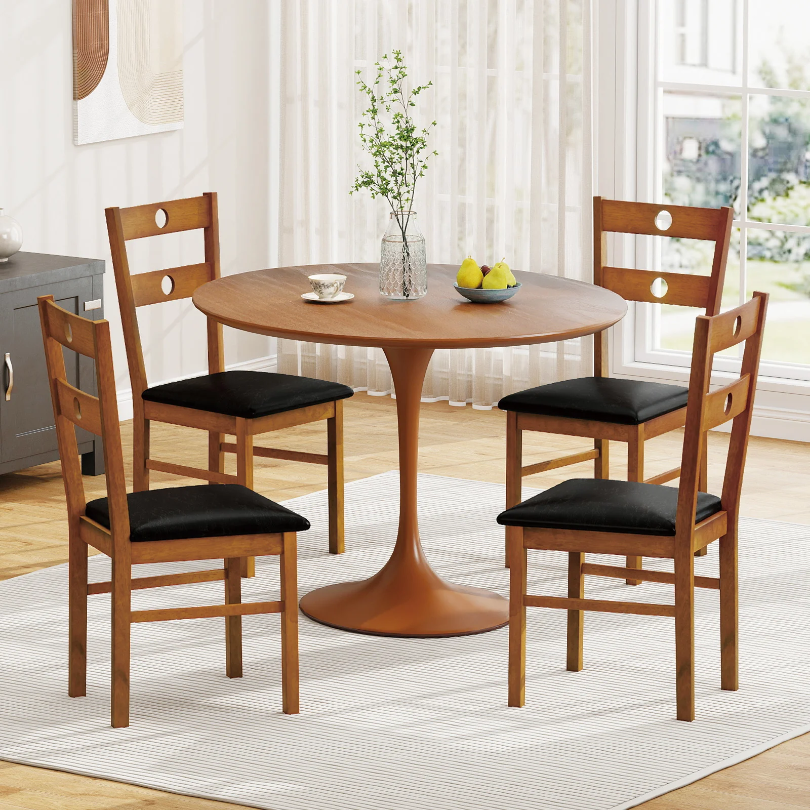 Wooden Dining Chairs Set of 4 Armless Kitchen Chairs with Hollowed Backrest, Brown - Image 3