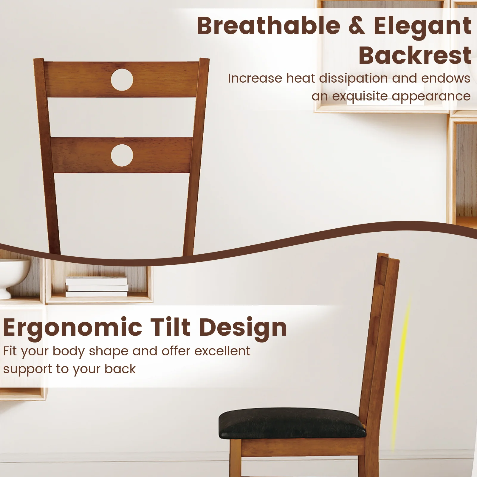 Wooden Dining Chairs Set of 4 Armless Kitchen Chairs with Hollowed Backrest, Brown - Image 8