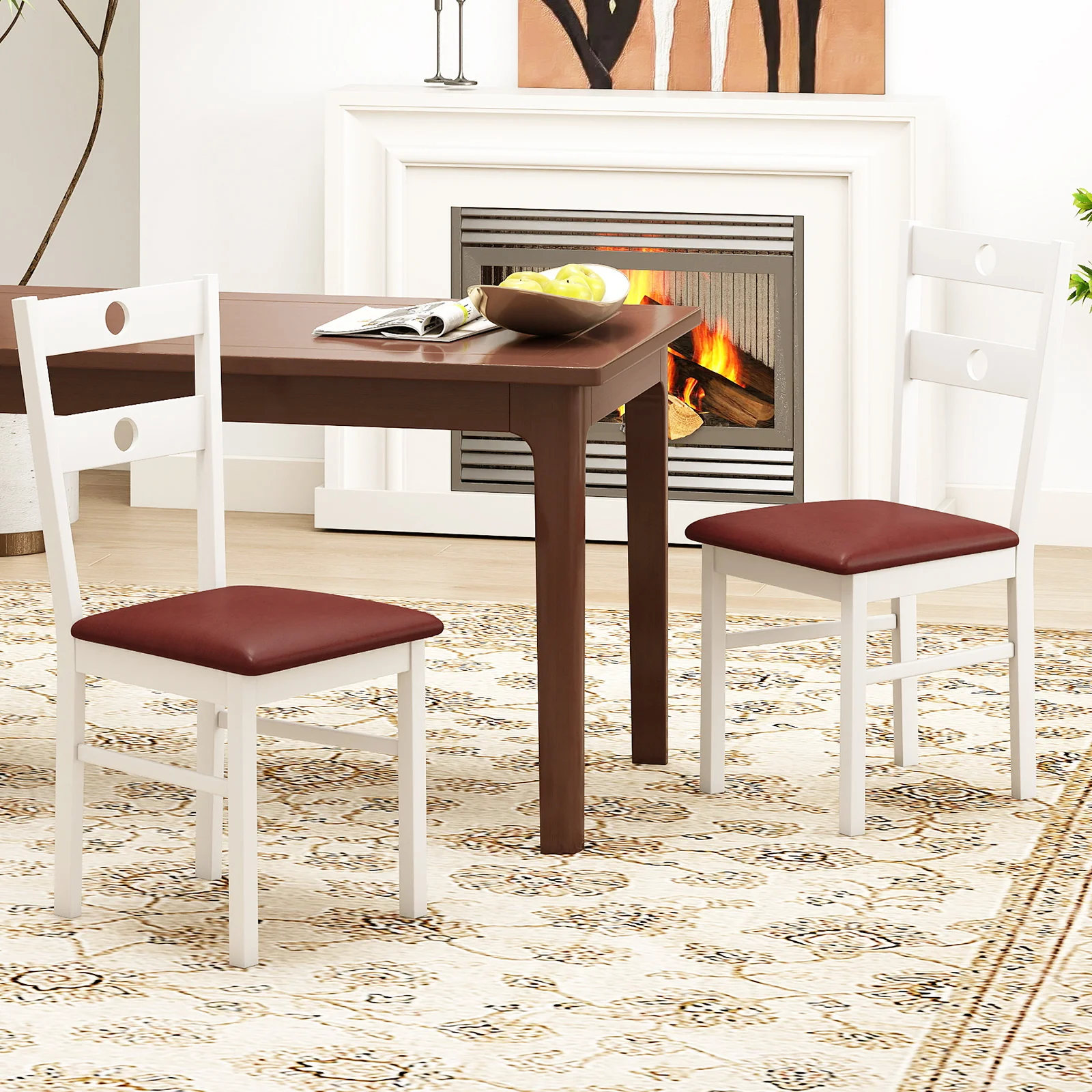Wooden Dining Chairs Set of 4 Armless Kitchen Chairs with Hollowed Backrest, White - Image 2