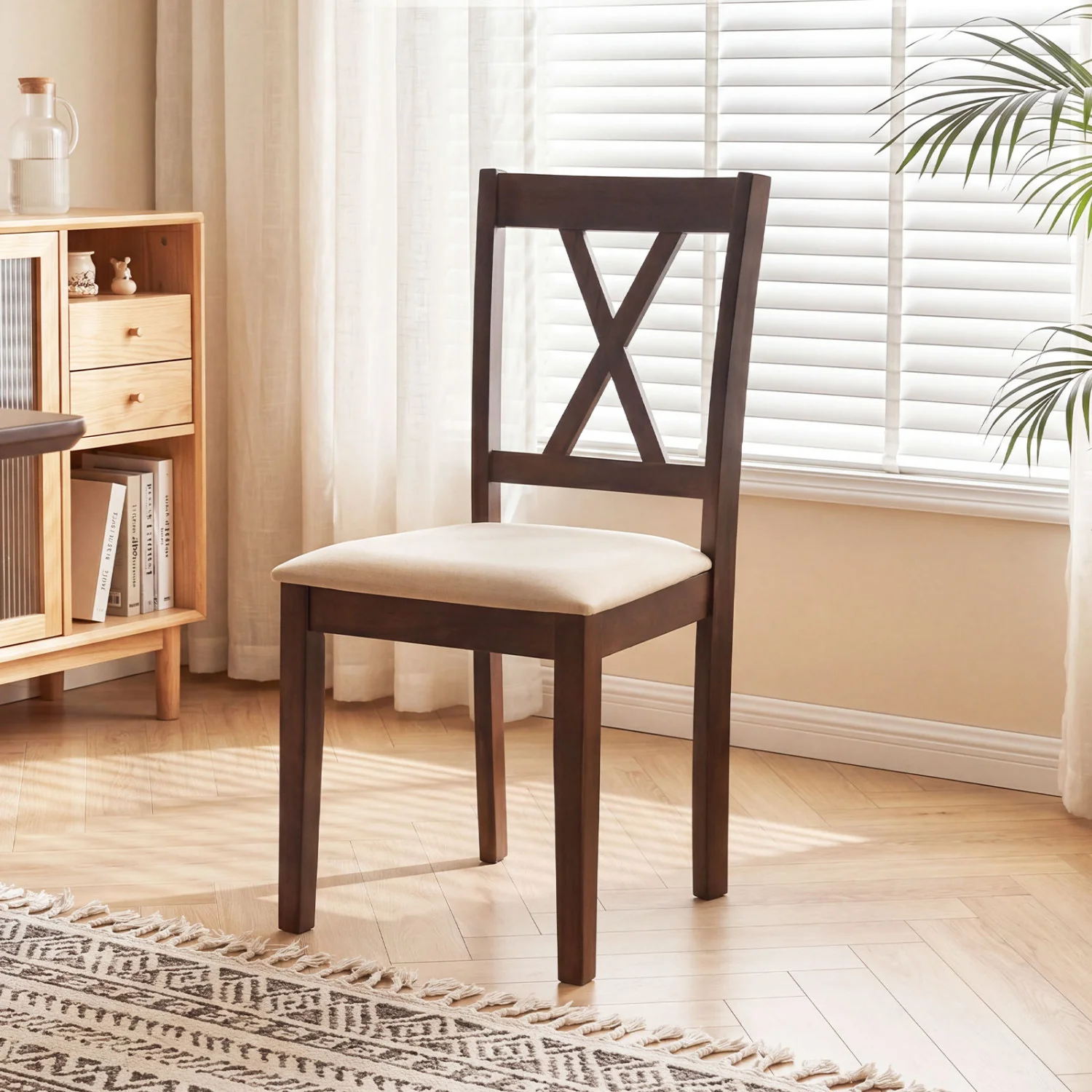 Wooden Dining Chairs Set of 4, Fabric Upholstered, Walnut - Image 3