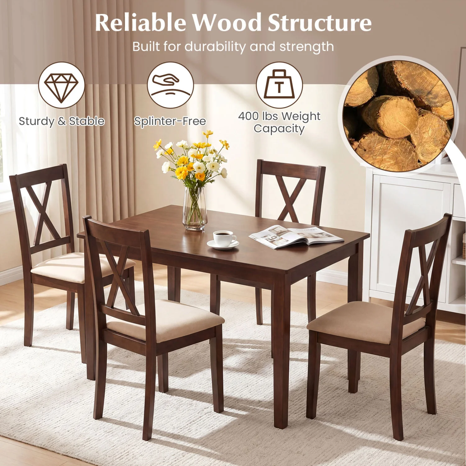 Wooden Dining Chairs Set of 4, Fabric Upholstered, Walnut - Image 5