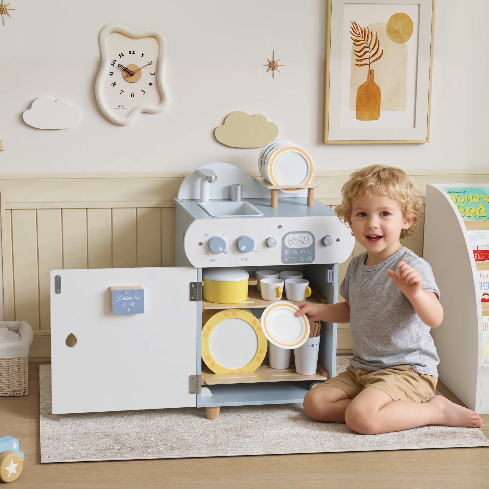 Wooden Dishwasher Playset, Play Sink Toys, Faucet and Accessories - Image 12