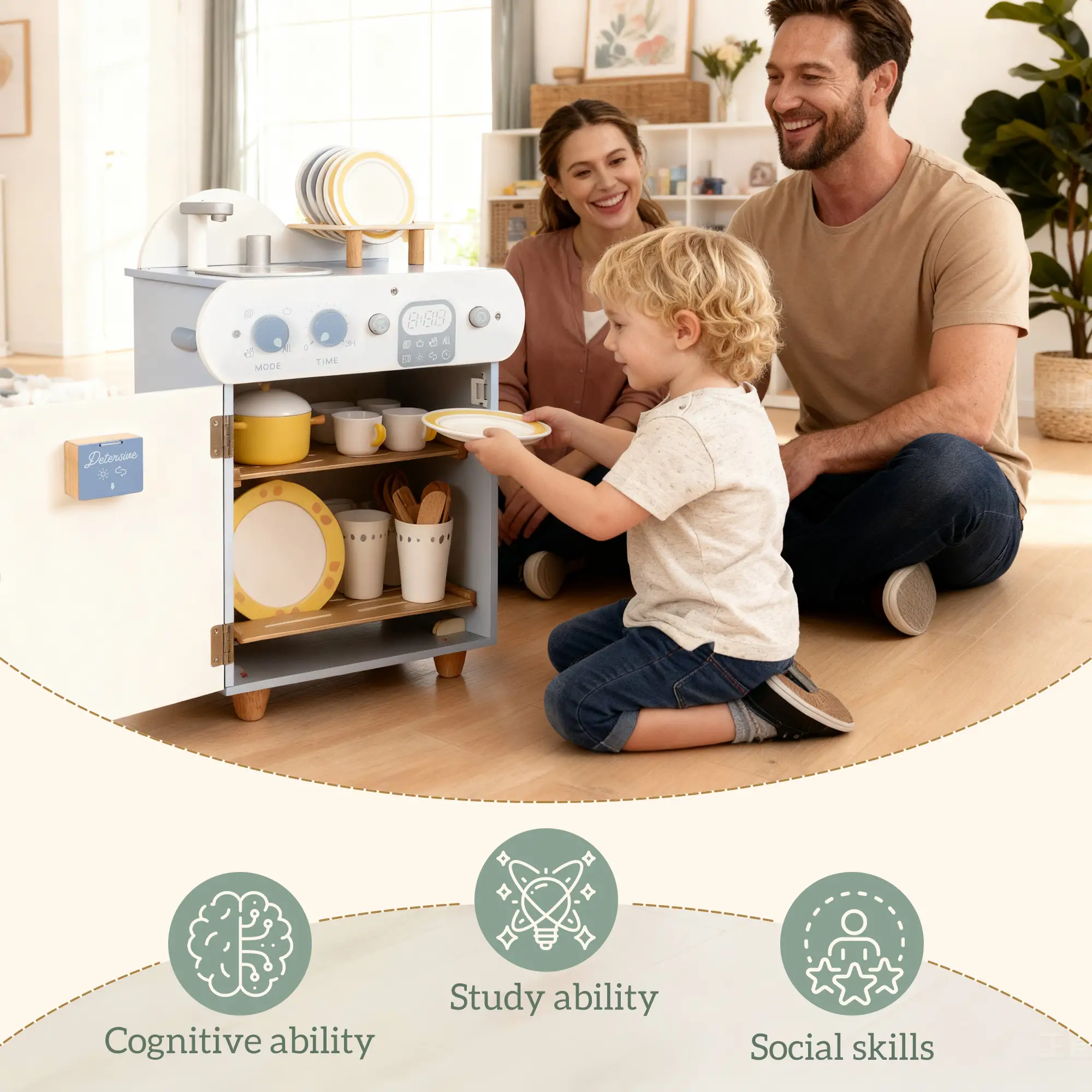 Wooden Dishwasher Playset, Play Sink Toys, Faucet and Accessories - Image 17