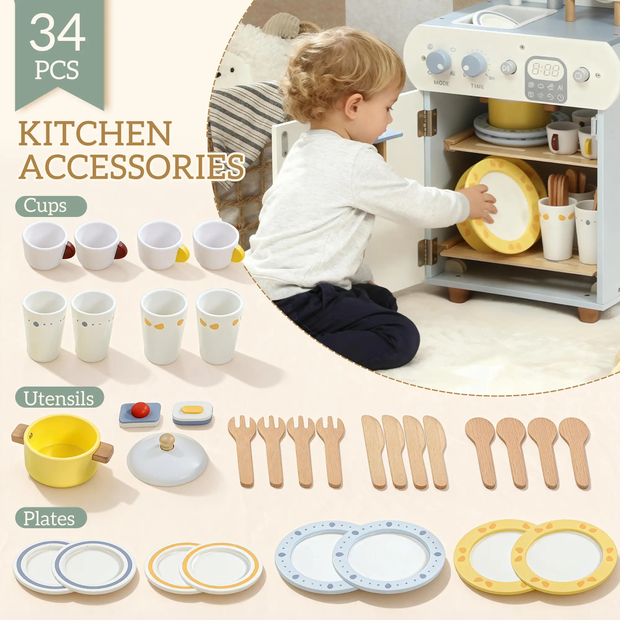 Wooden Dishwasher Playset, Play Sink Toys, Faucet and Accessories - Image 5