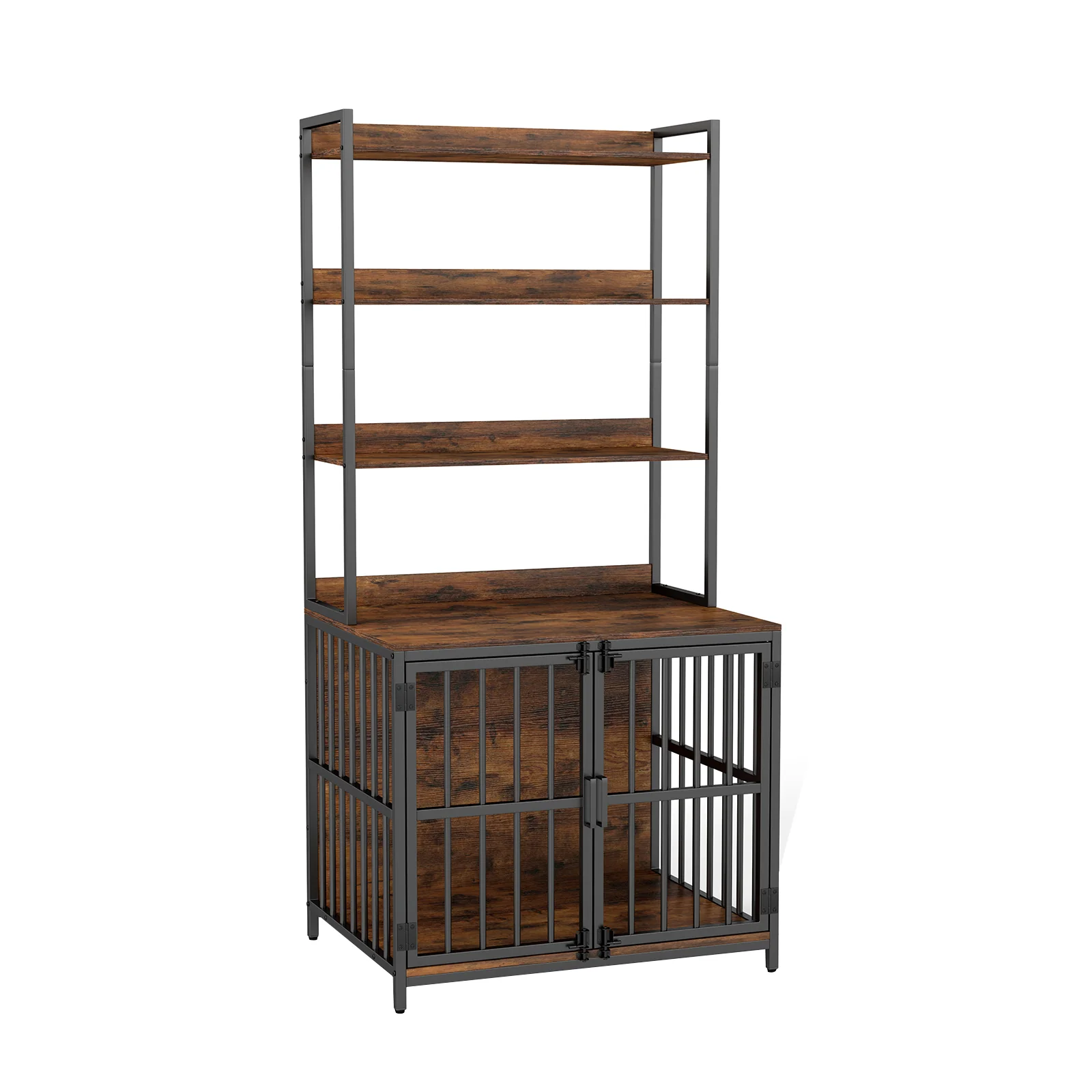 Wooden Dog Crate Furniture, Storage Shelves, Double Doors, Rustic Brown