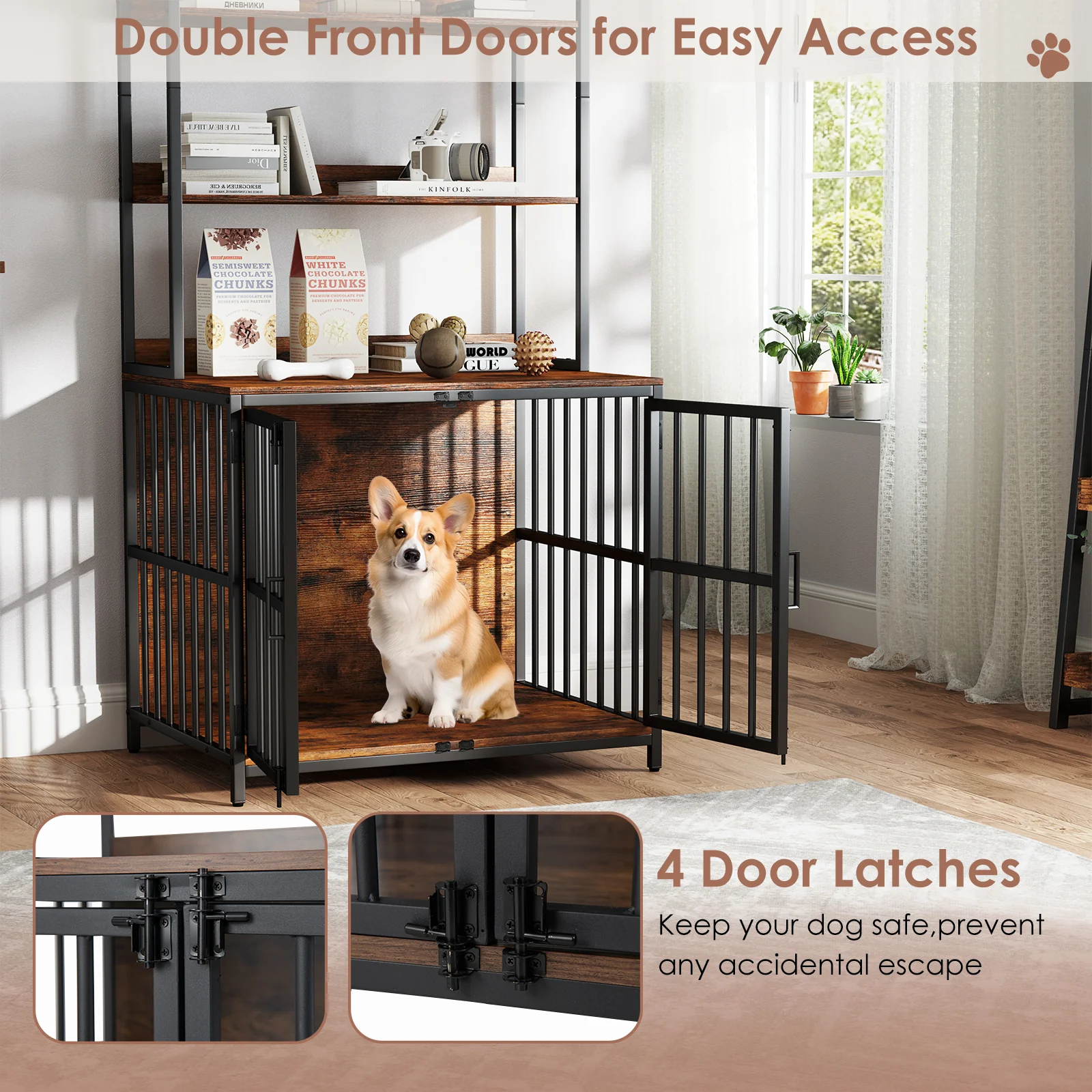 Wooden Dog Crate Furniture, Storage Shelves, Double Doors, Rustic Brown - Image 10
