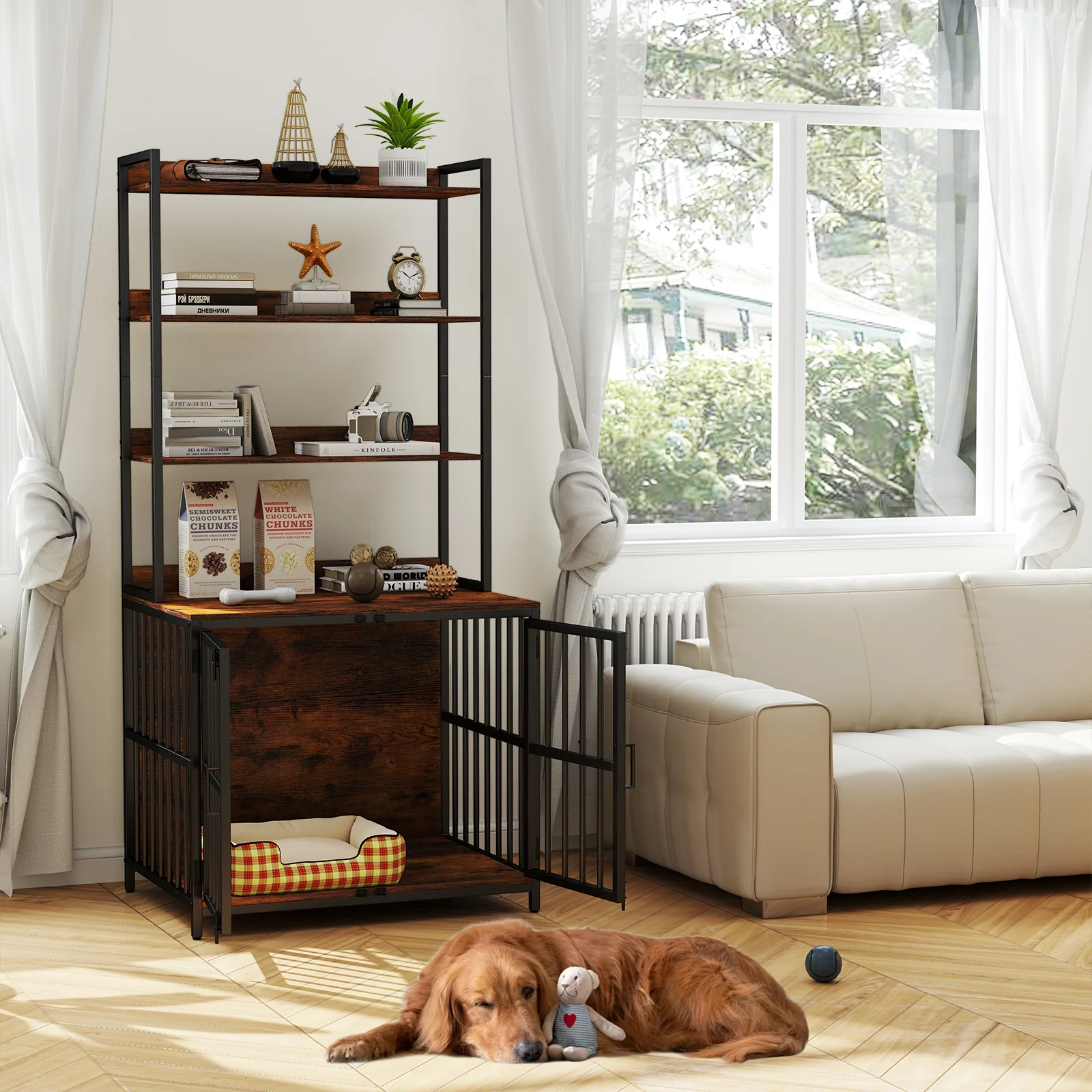 Wooden Dog Crate Furniture, Storage Shelves, Double Doors, Rustic Brown - Image 2