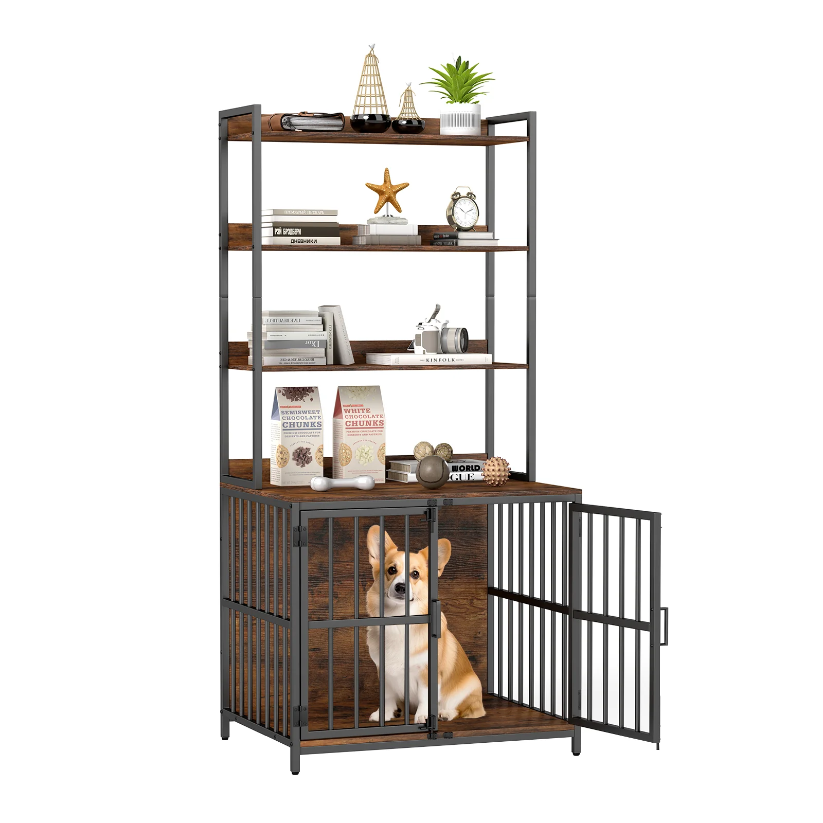 Wooden Dog Crate Furniture, Storage Shelves, Double Doors, Rustic Brown - Image 4