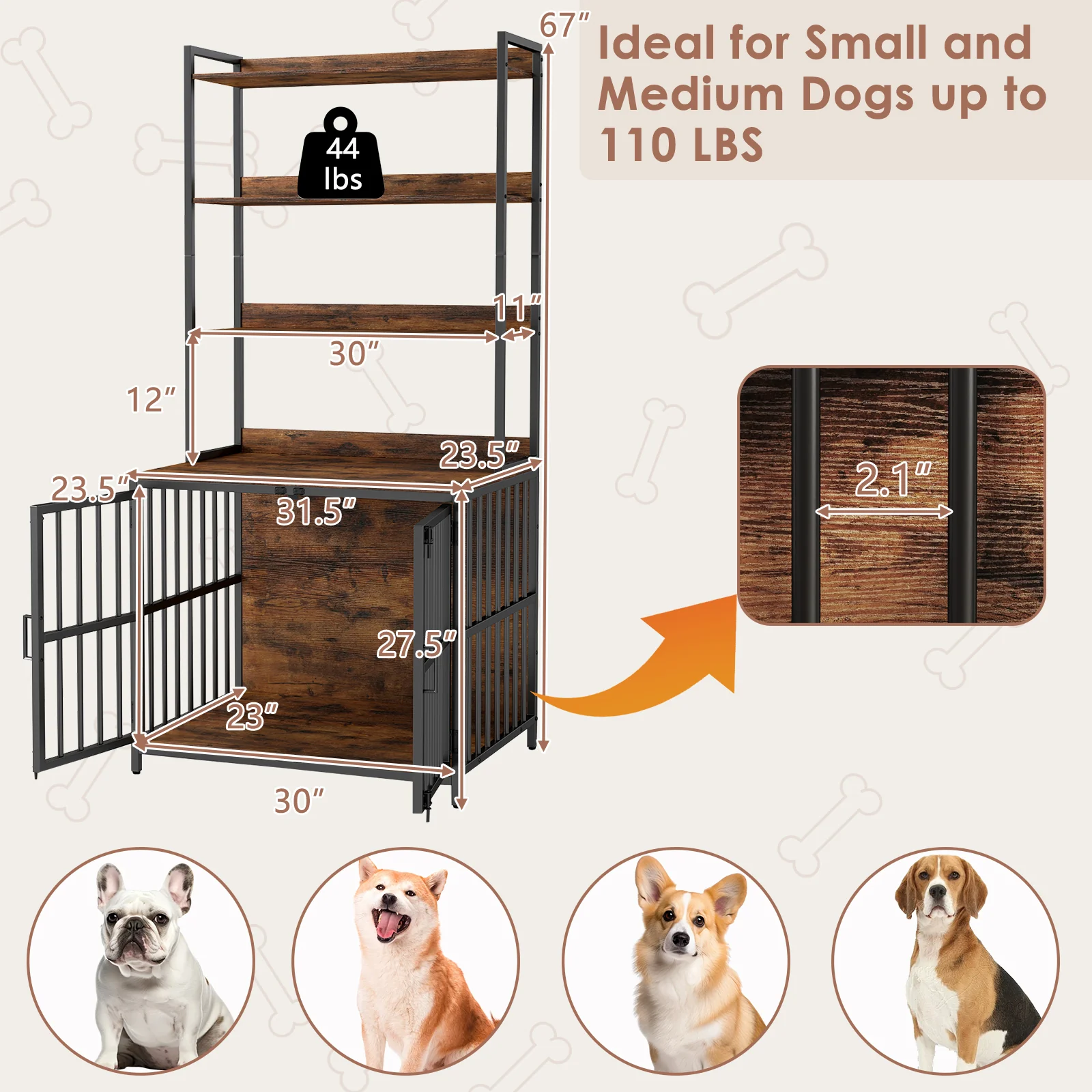 Wooden Dog Crate Furniture, Storage Shelves, Double Doors, Rustic Brown - Image 5