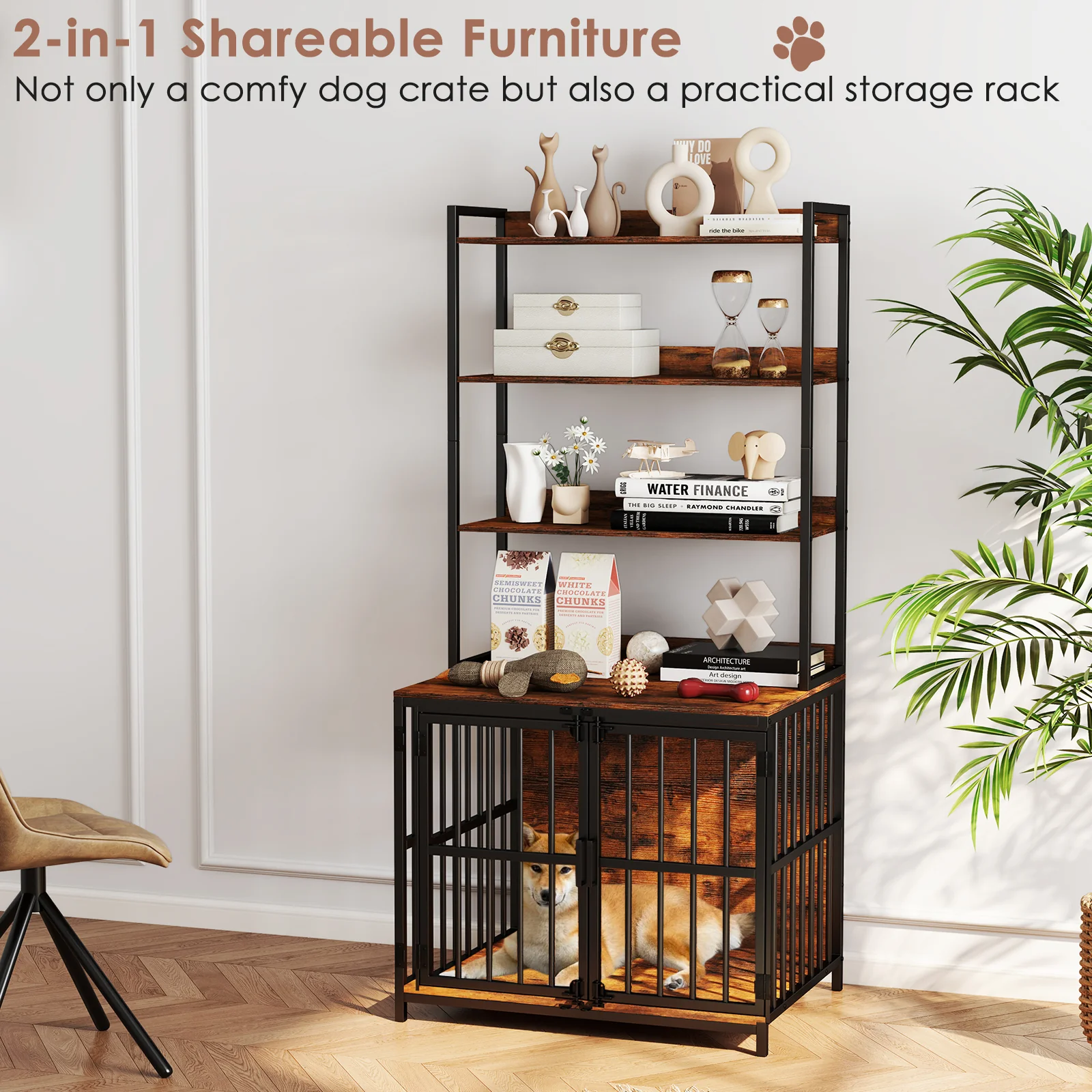 Wooden Dog Crate Furniture, Storage Shelves, Double Doors, Rustic Brown - Image 6