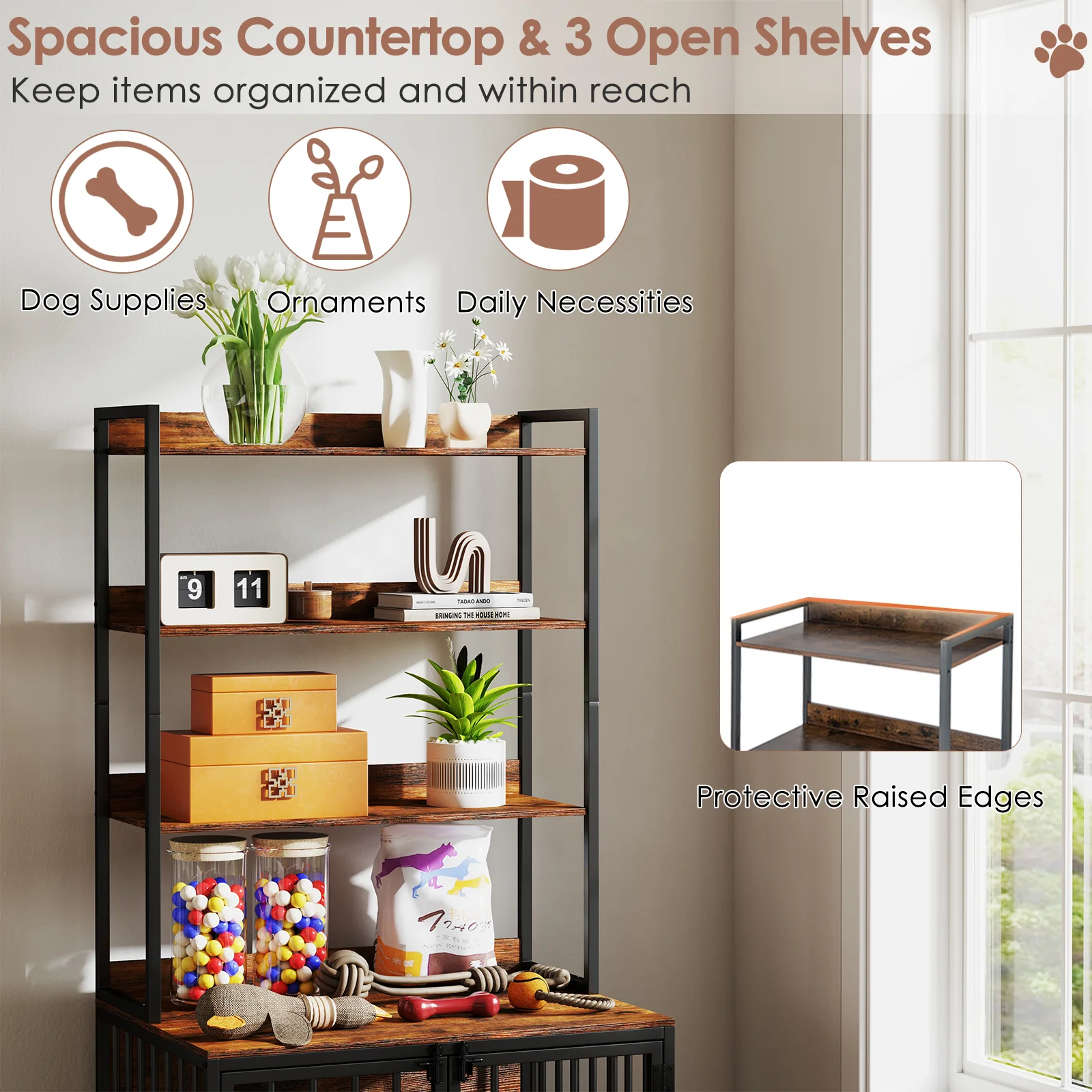Wooden Dog Crate Furniture, Storage Shelves, Double Doors, Rustic Brown - Image 7