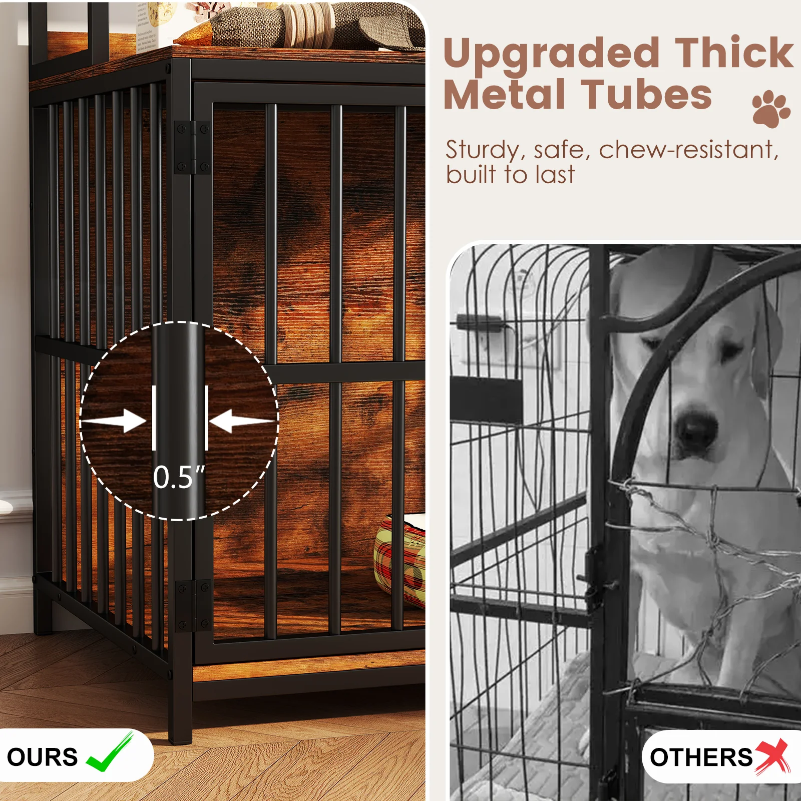 Wooden Dog Crate Furniture, Storage Shelves, Double Doors, Rustic Brown - Image 8