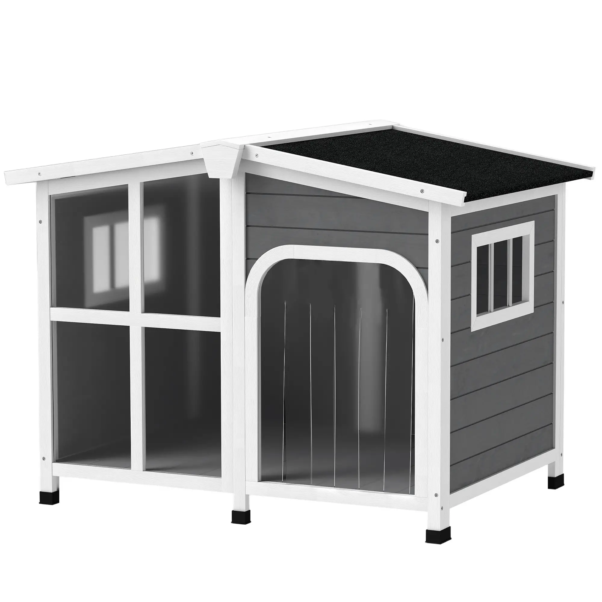 Wooden Dog House, Raised Kennel, Removable Bottom, Asphalt Roof, Dark Grey