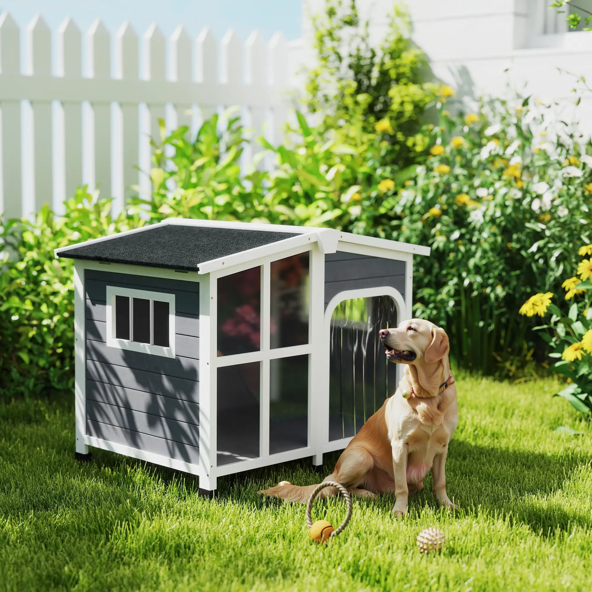 Wooden Dog House, Raised Kennel, Removable Bottom, Asphalt Roof, Dark Grey - Image 2
