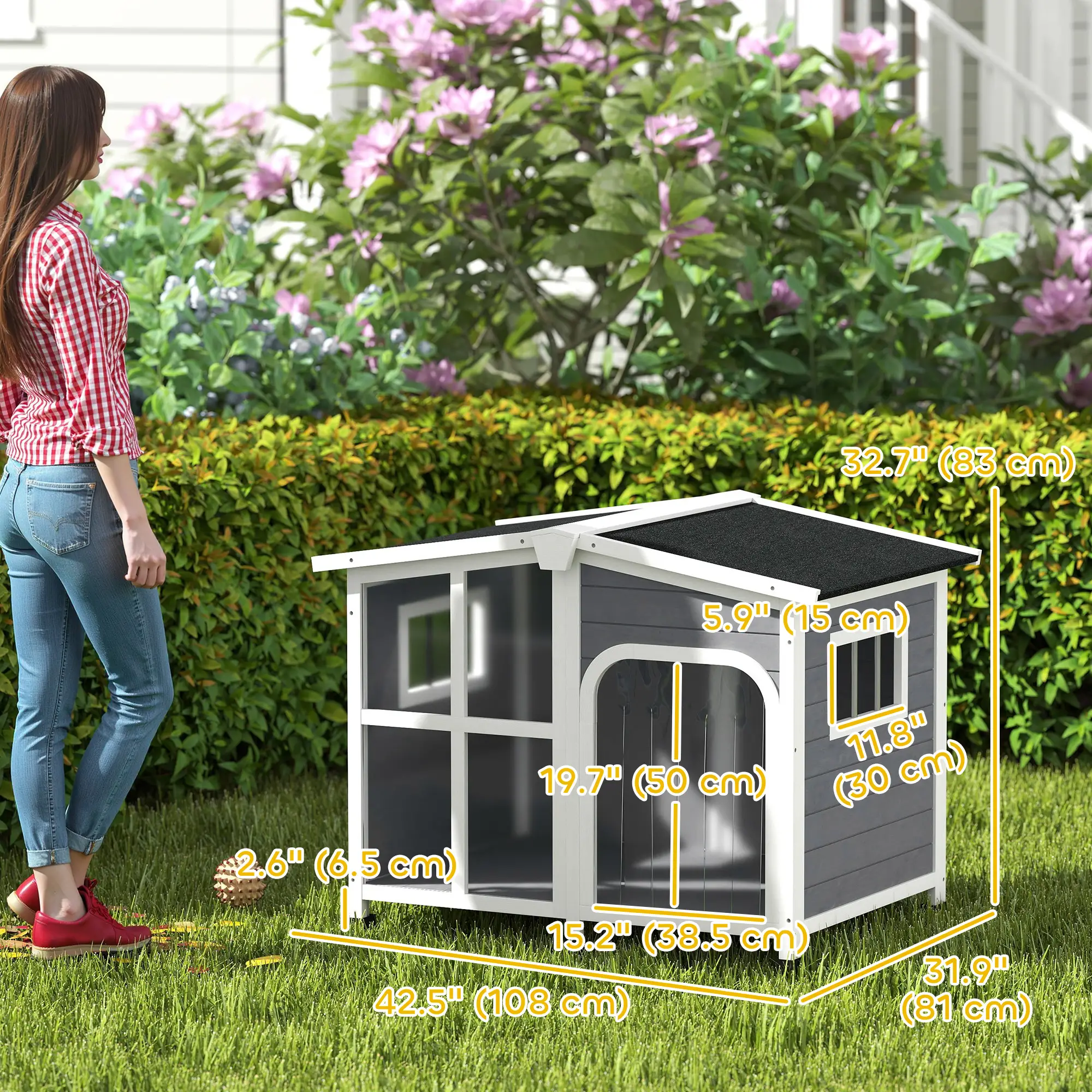 Wooden Dog House, Raised Kennel, Removable Bottom, Asphalt Roof, Dark Grey - Image 3