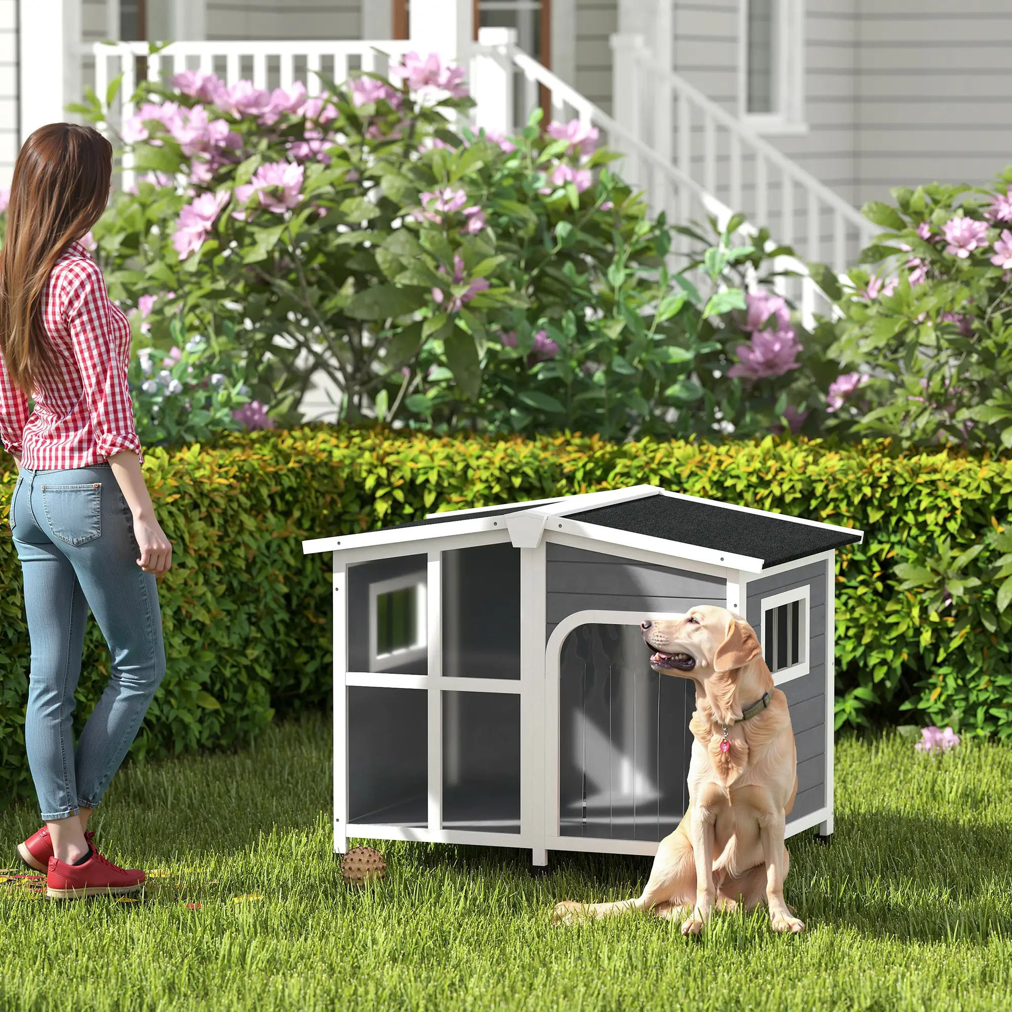Wooden Dog House, Raised Kennel, Removable Bottom, Asphalt Roof, Dark Grey - Image 8