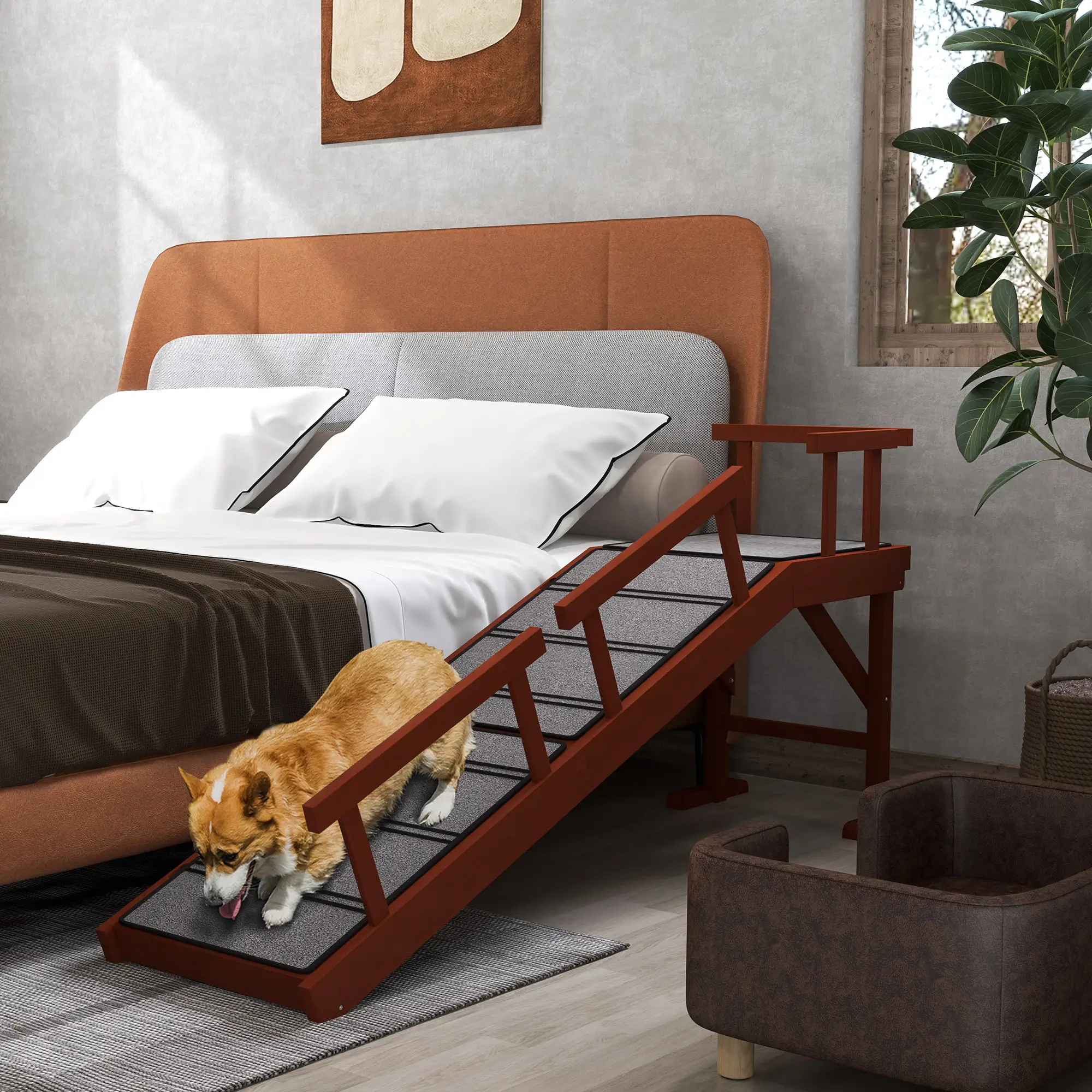 Wooden Dog Ramp, 60" Long, Non-Slip Rug, Removable Guardrails, Brown - Image 8