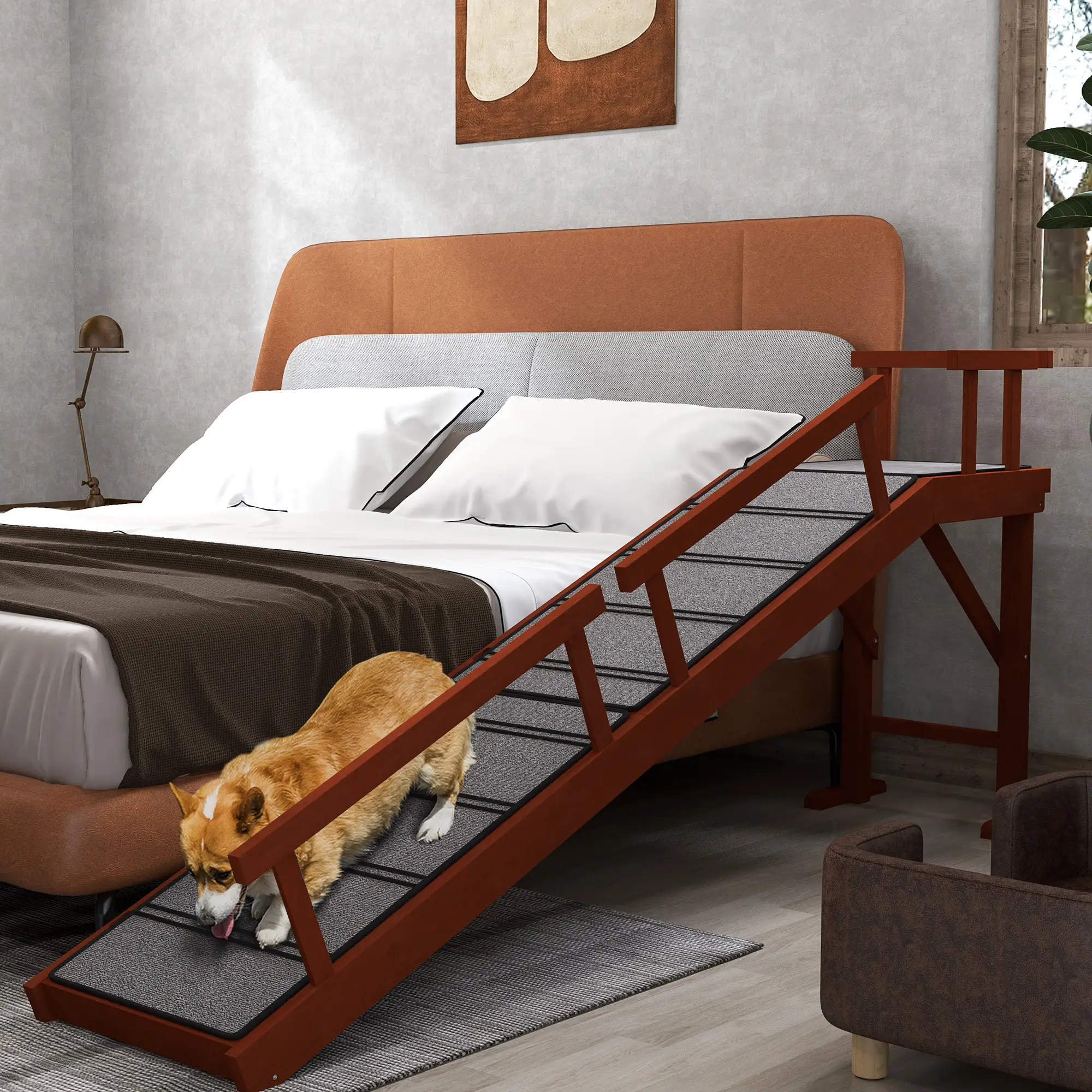 Wooden Dog Ramp, 73" Long, Non-Slip Rug, Removable Guardrails, Brown - Image 8