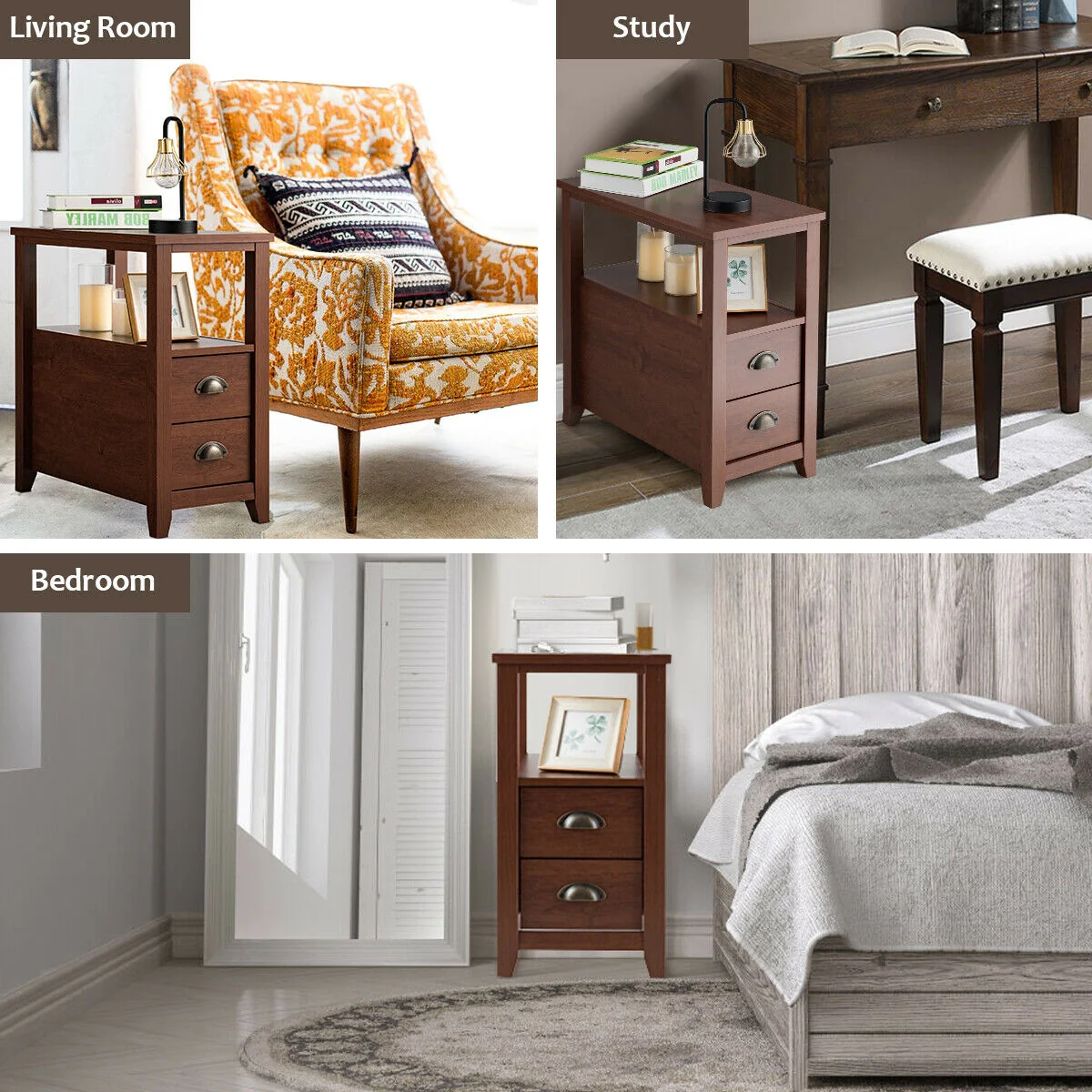 Wooden End Table With 2 Drawers, Shelf, Brown - Image 10