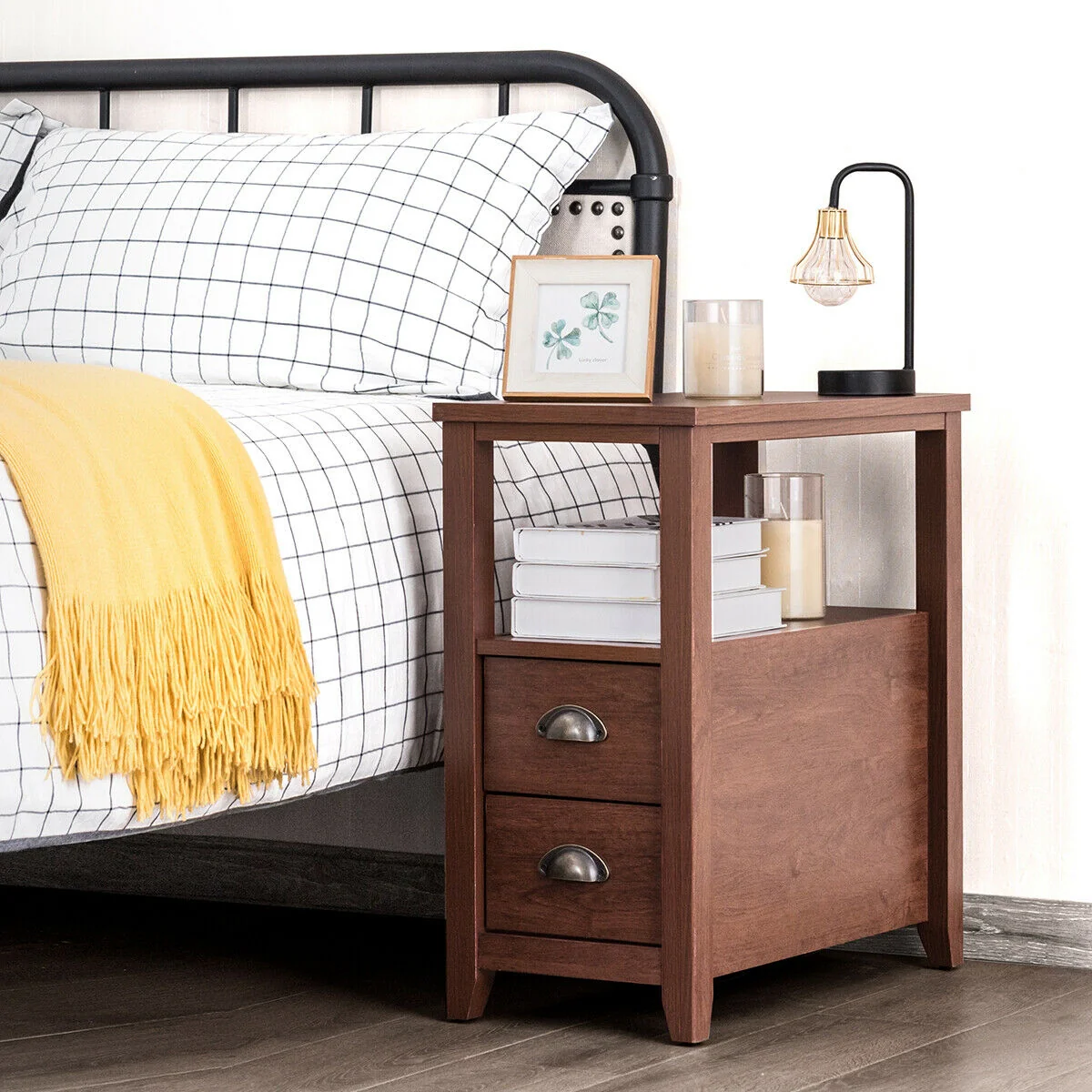 Wooden End Table With 2 Drawers, Shelf, Brown - Image 3