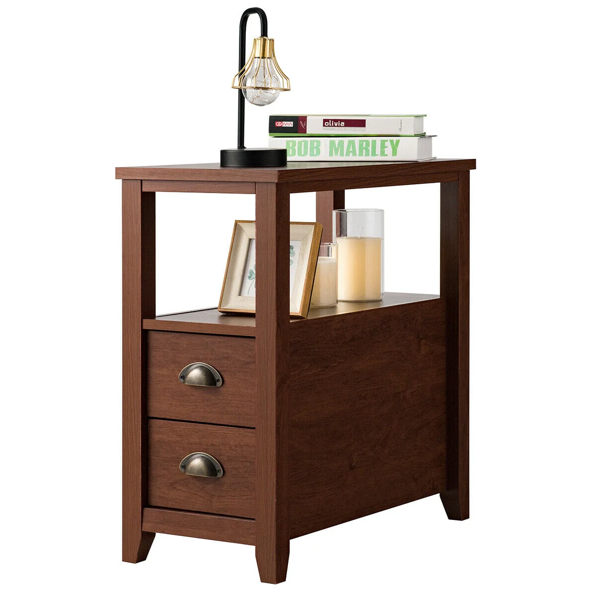 Wooden End Table With 2 Drawers, Shelf, Brown - Image 5