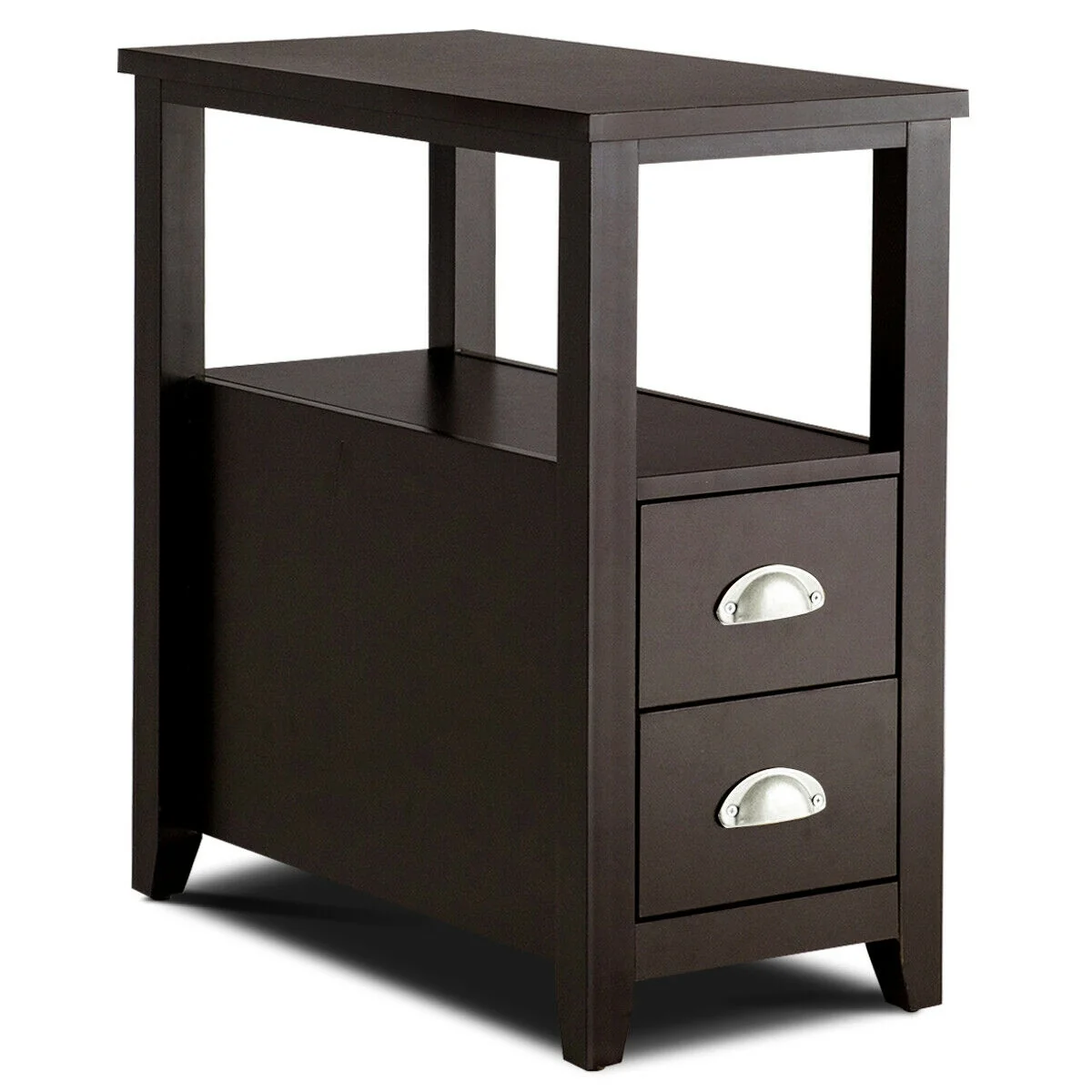 Wooden End Table With 2 Drawers, Shelf, Dark Brown