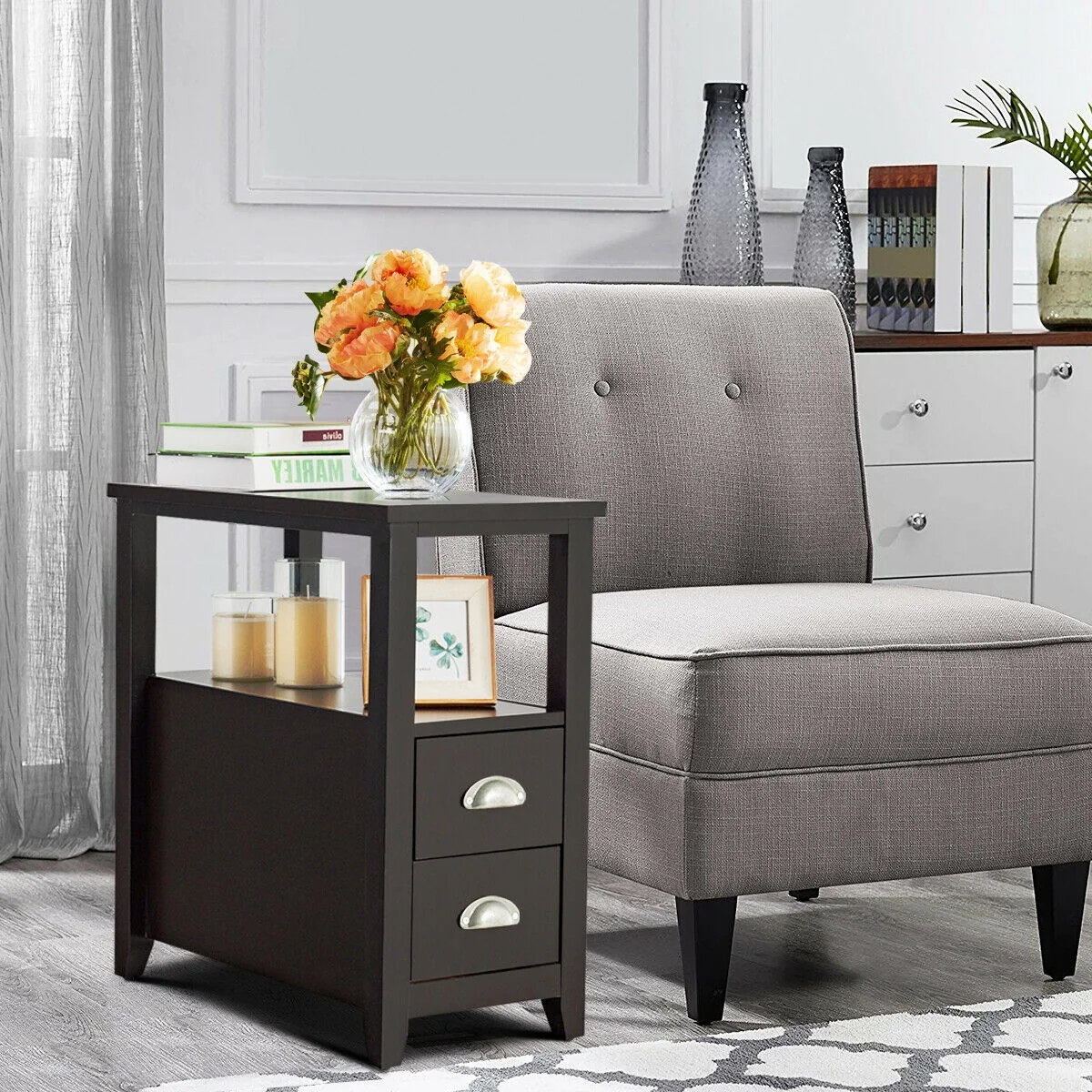 Wooden End Table With 2 Drawers, Shelf, Dark Brown - Image 2