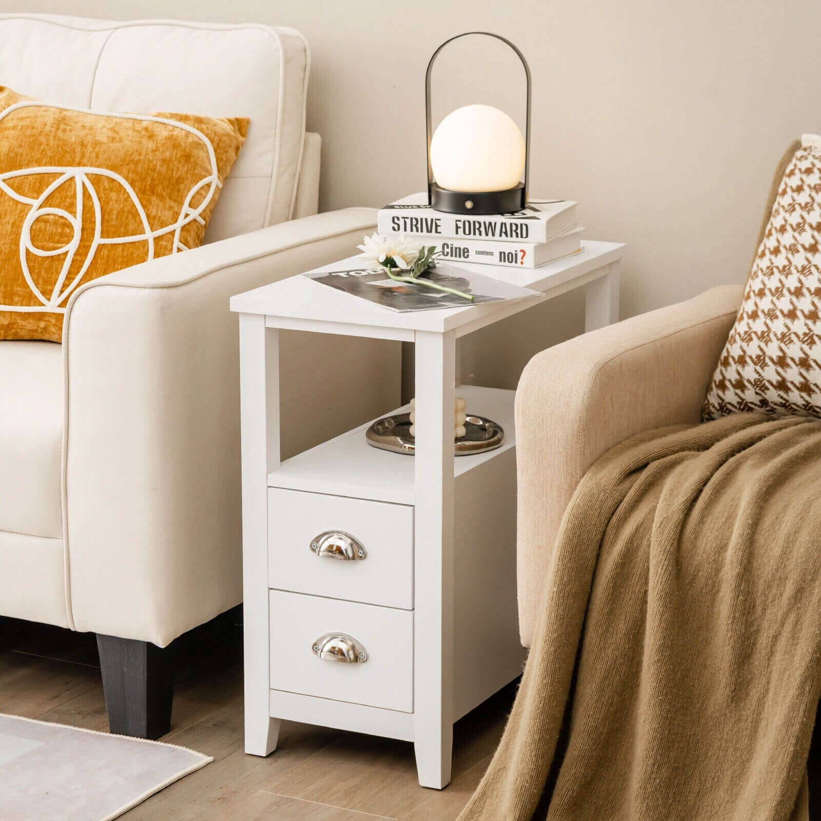 Wooden End Table With 2 Drawers, Shelf, White - Image 3