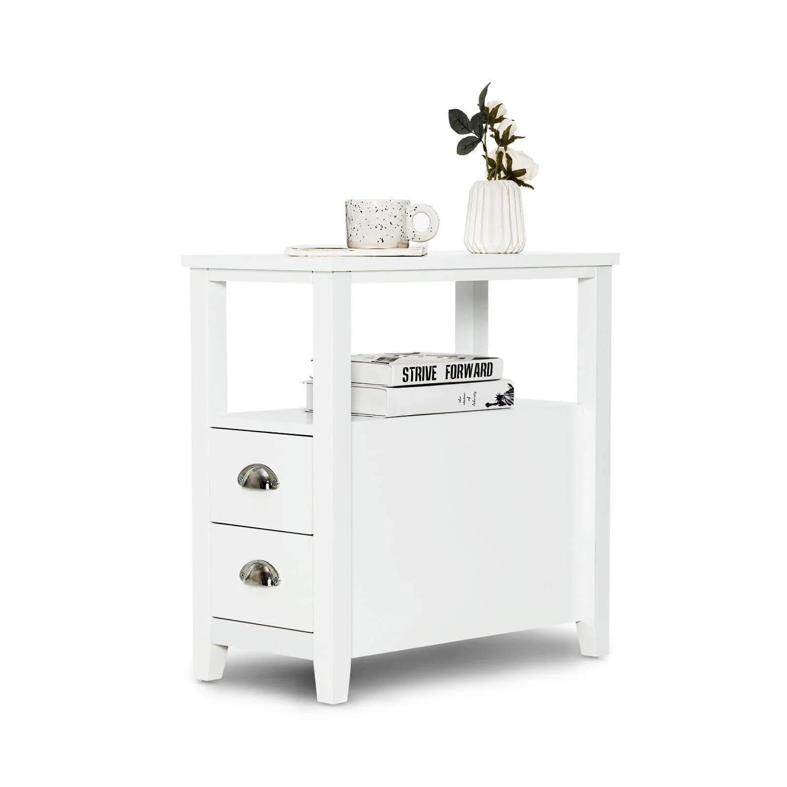 Wooden End Table With 2 Drawers, Shelf, White - Image 5