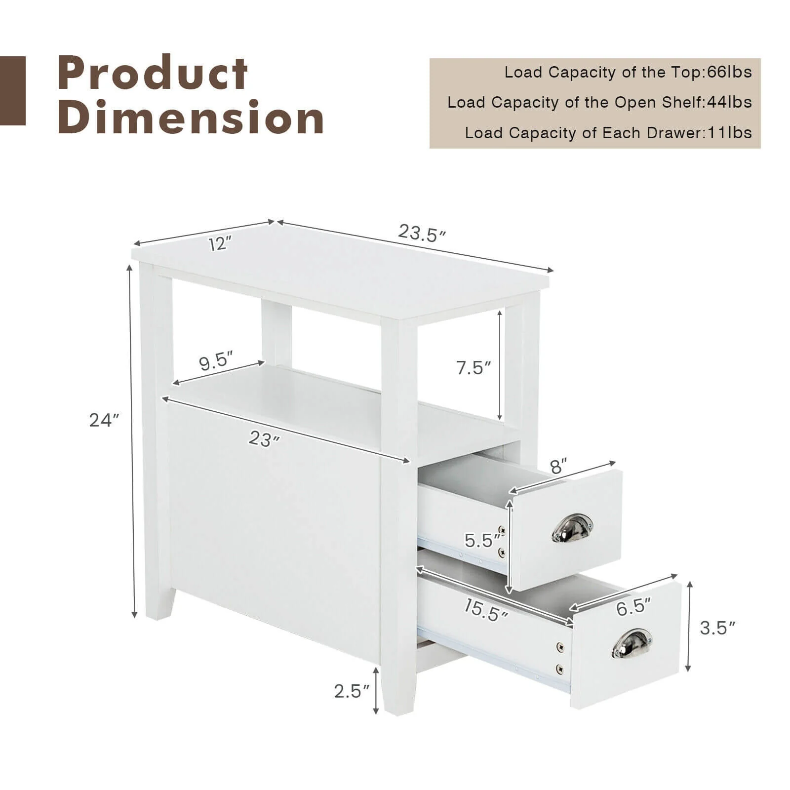 Wooden End Table With 2 Drawers, Shelf, White - Image 6