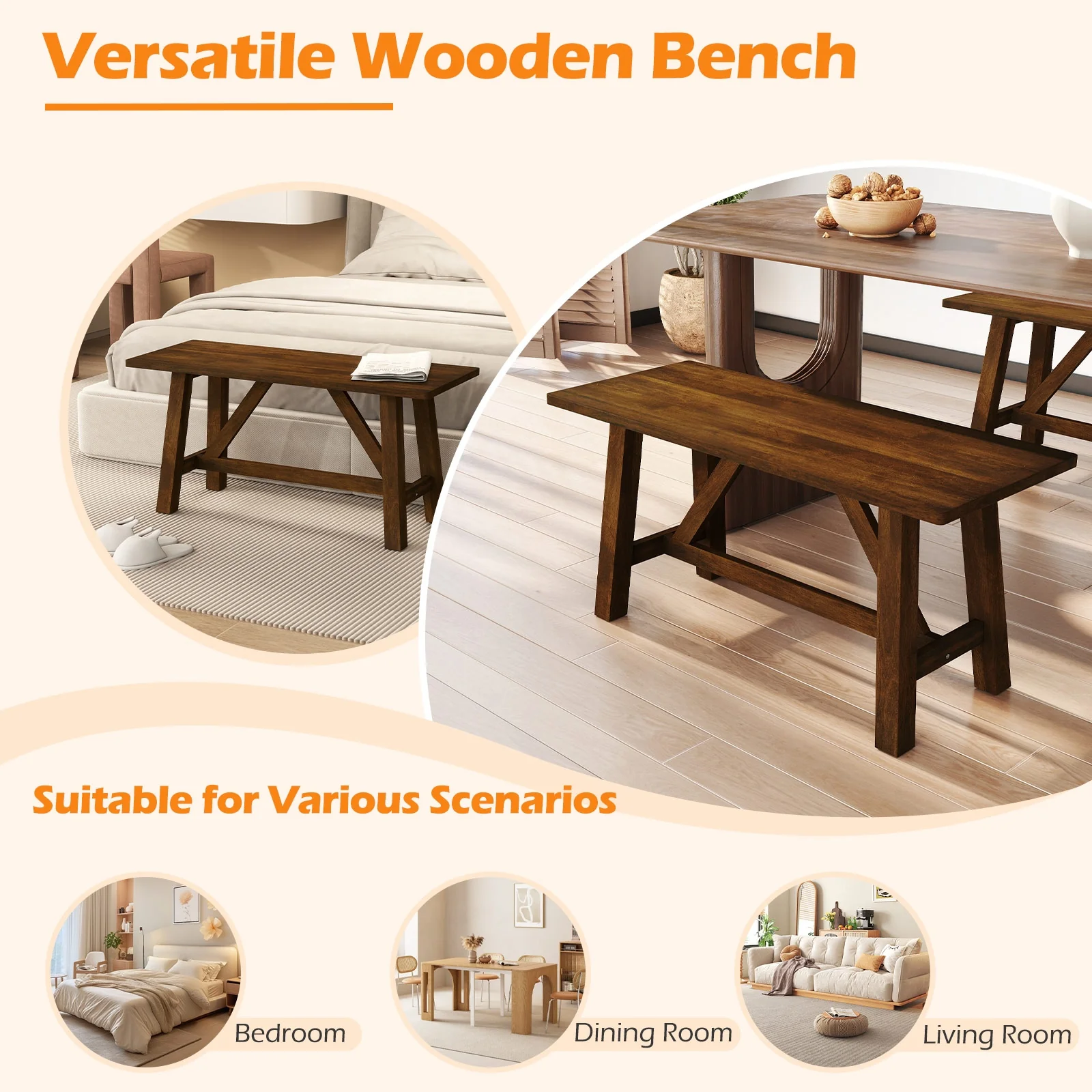Wooden Entryway Bench, Farmhouse Dining Bench, 400 LBS Weight Capacity, Brown - Image 10