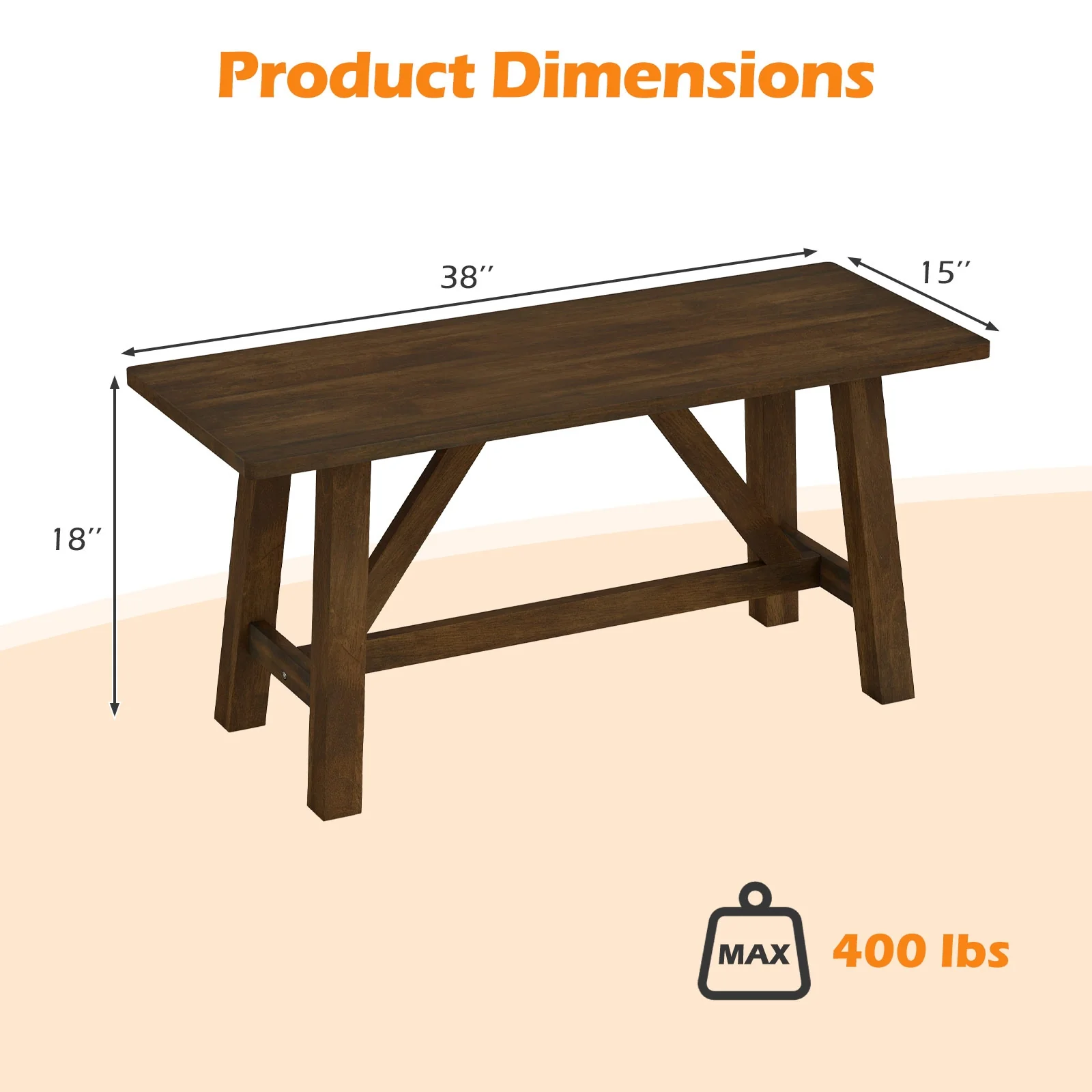 Wooden Entryway Bench, Farmhouse Dining Bench, 400 LBS Weight Capacity, Brown - Image 5