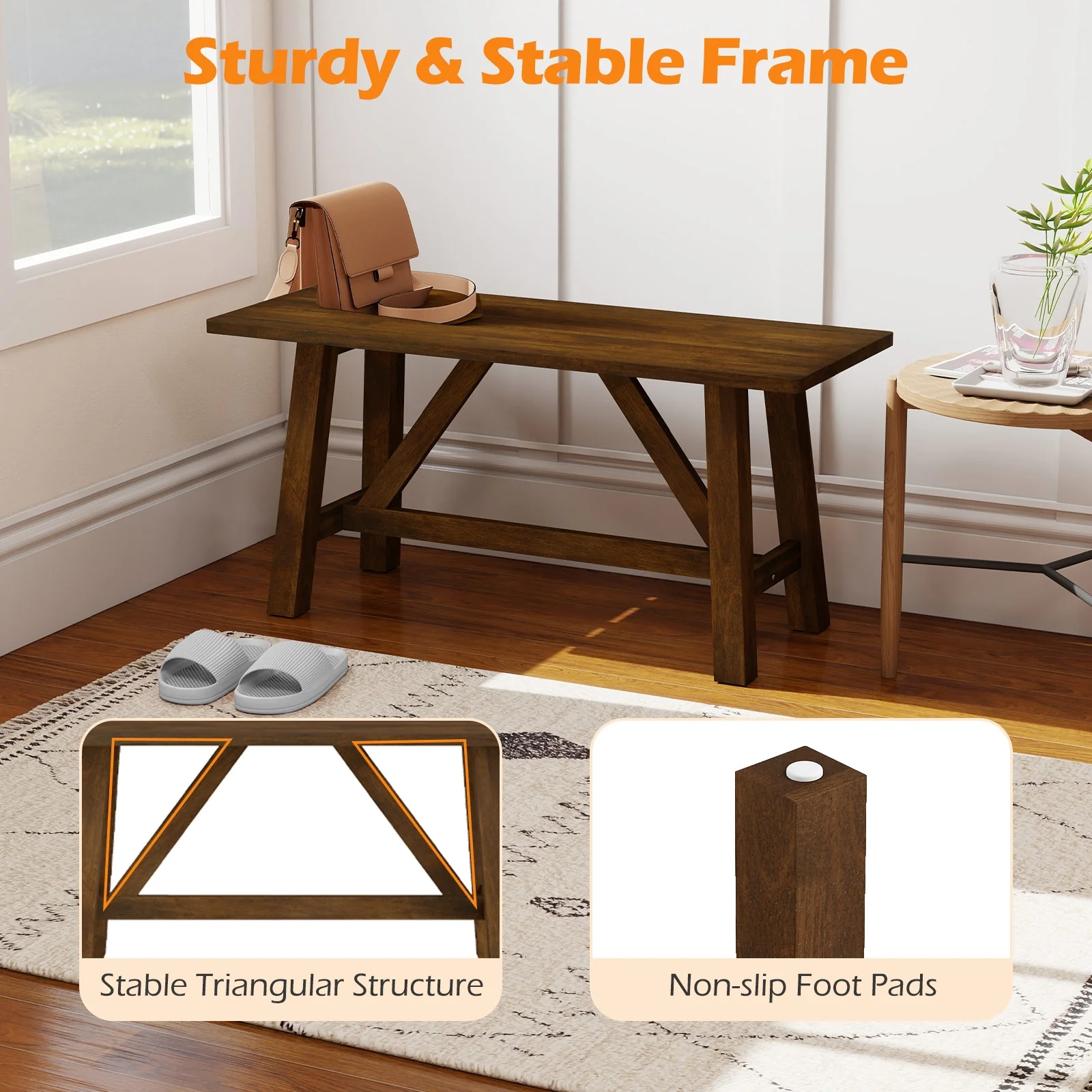 Wooden Entryway Bench, Farmhouse Dining Bench, 400 LBS Weight Capacity, Brown - Image 8