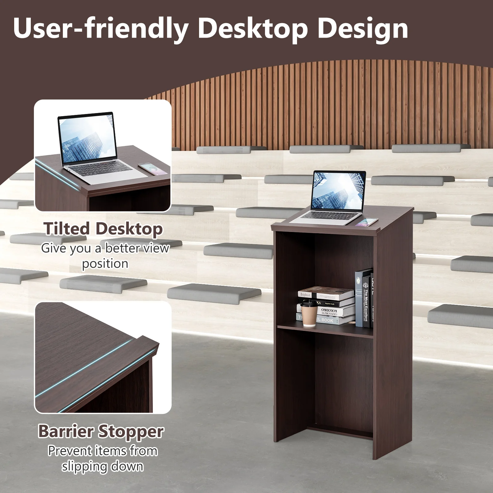 Wooden Floor Standing Podium Lectern, Brown - Image 7