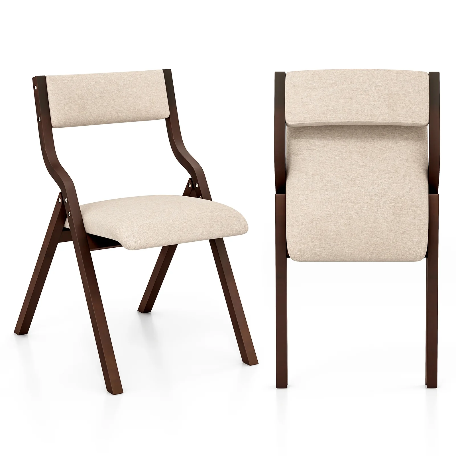 Wooden Folding Dining Chair Set, Linen Fabric Padded Seat, Coffee