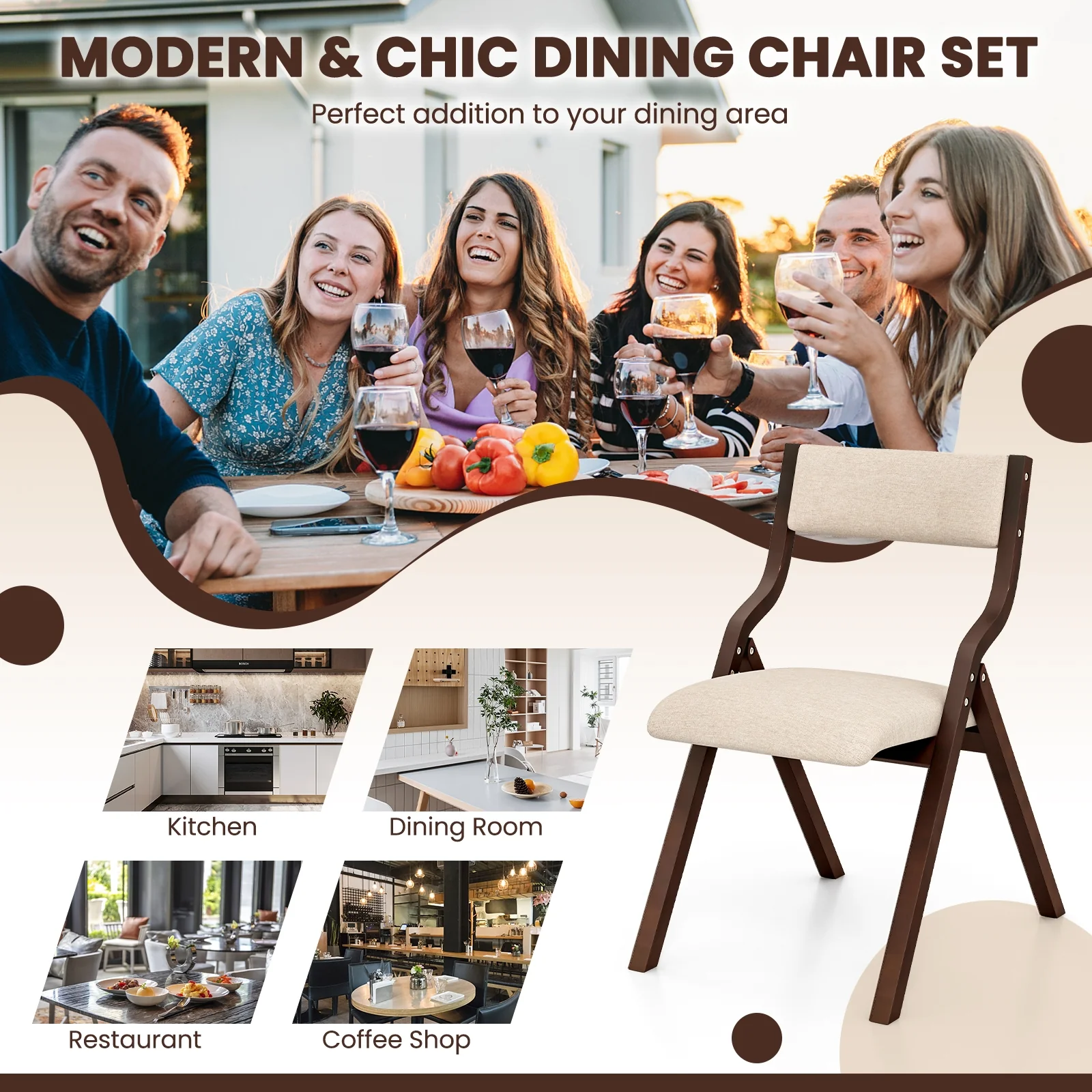 Wooden Folding Dining Chair Set, Linen Fabric Padded Seat, Coffee - Image 10