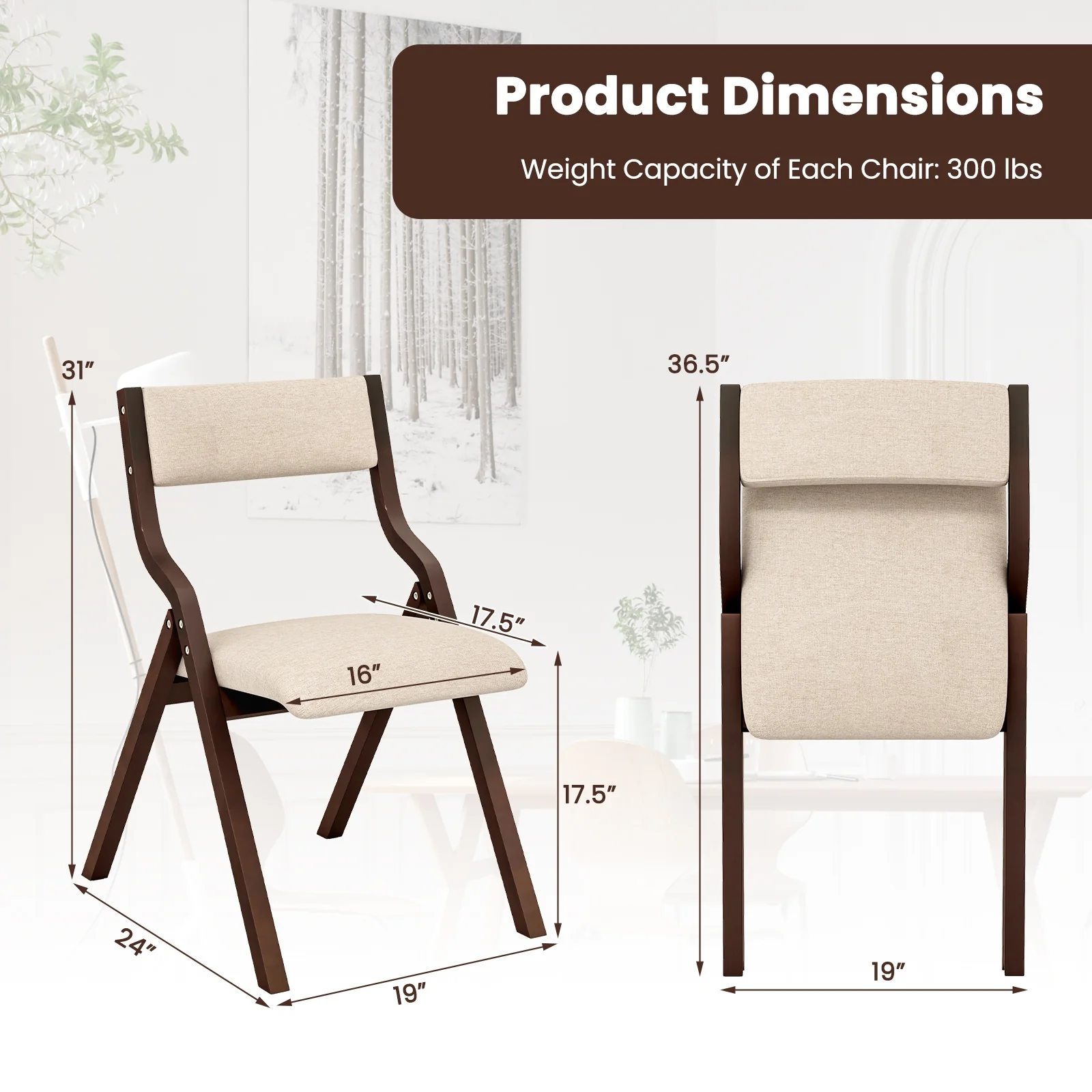 Wooden Folding Dining Chair Set, Linen Fabric Padded Seat, Coffee - Image 5