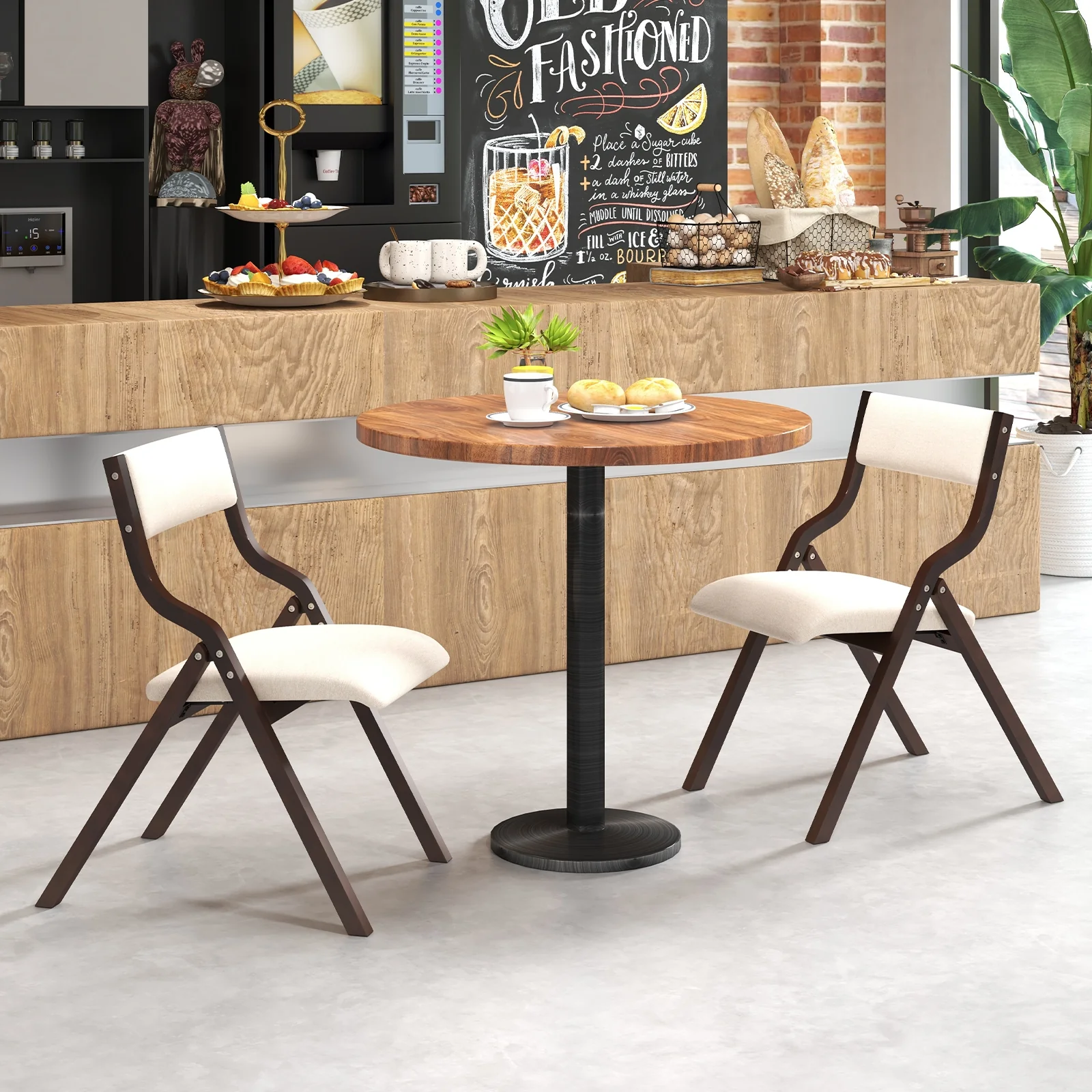 Wooden Folding Dining Chair Set, Linen Fabric Padded Seat, Coffee - Image 6