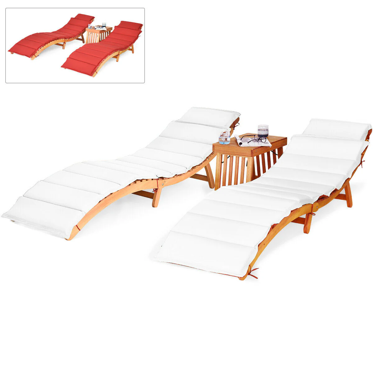 Wooden Folding Patio Lounge Chair Table Set, 3 Pieces, Red - Image 10
