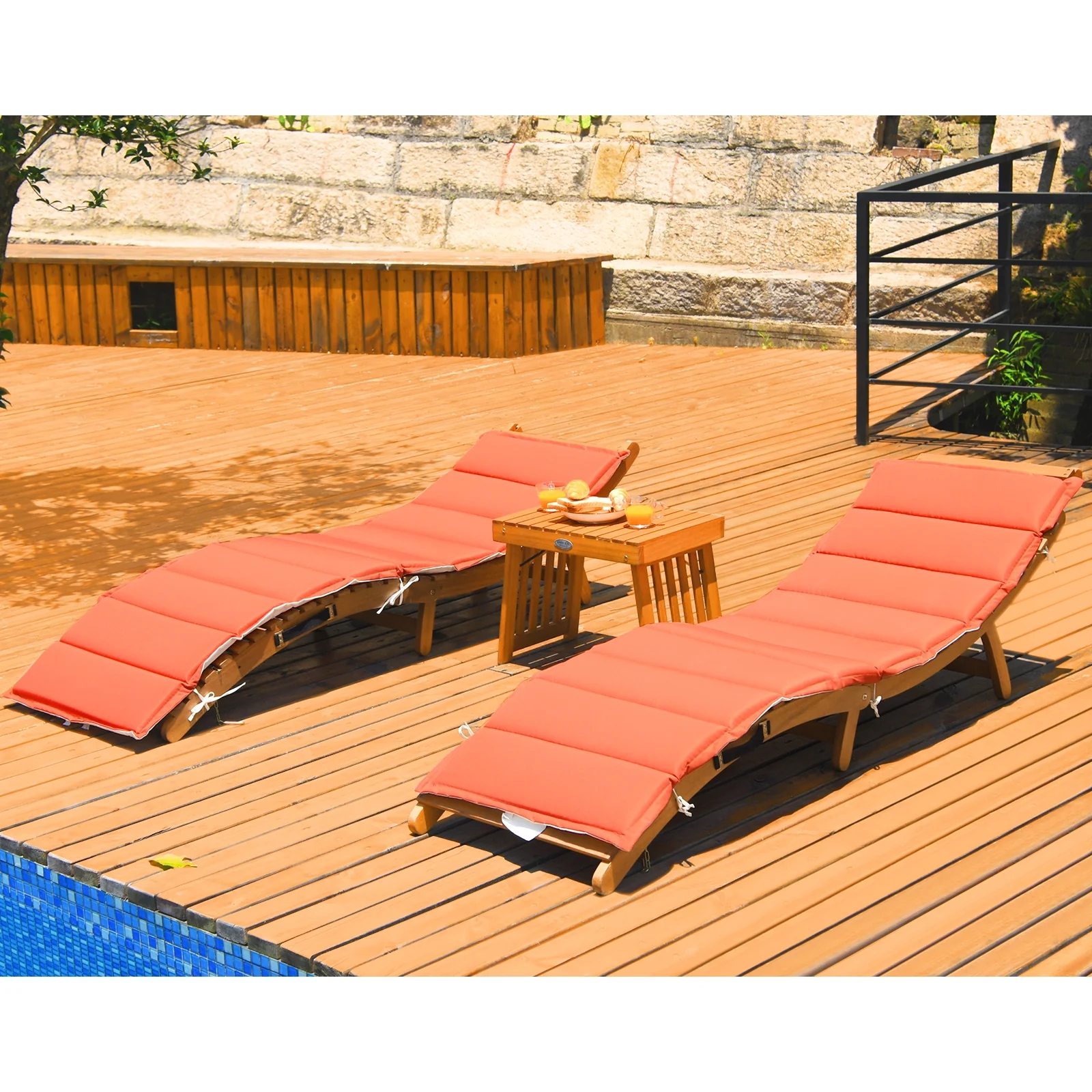 Wooden Folding Patio Lounge Chair Table Set, 3 Pieces, Red - Image 2