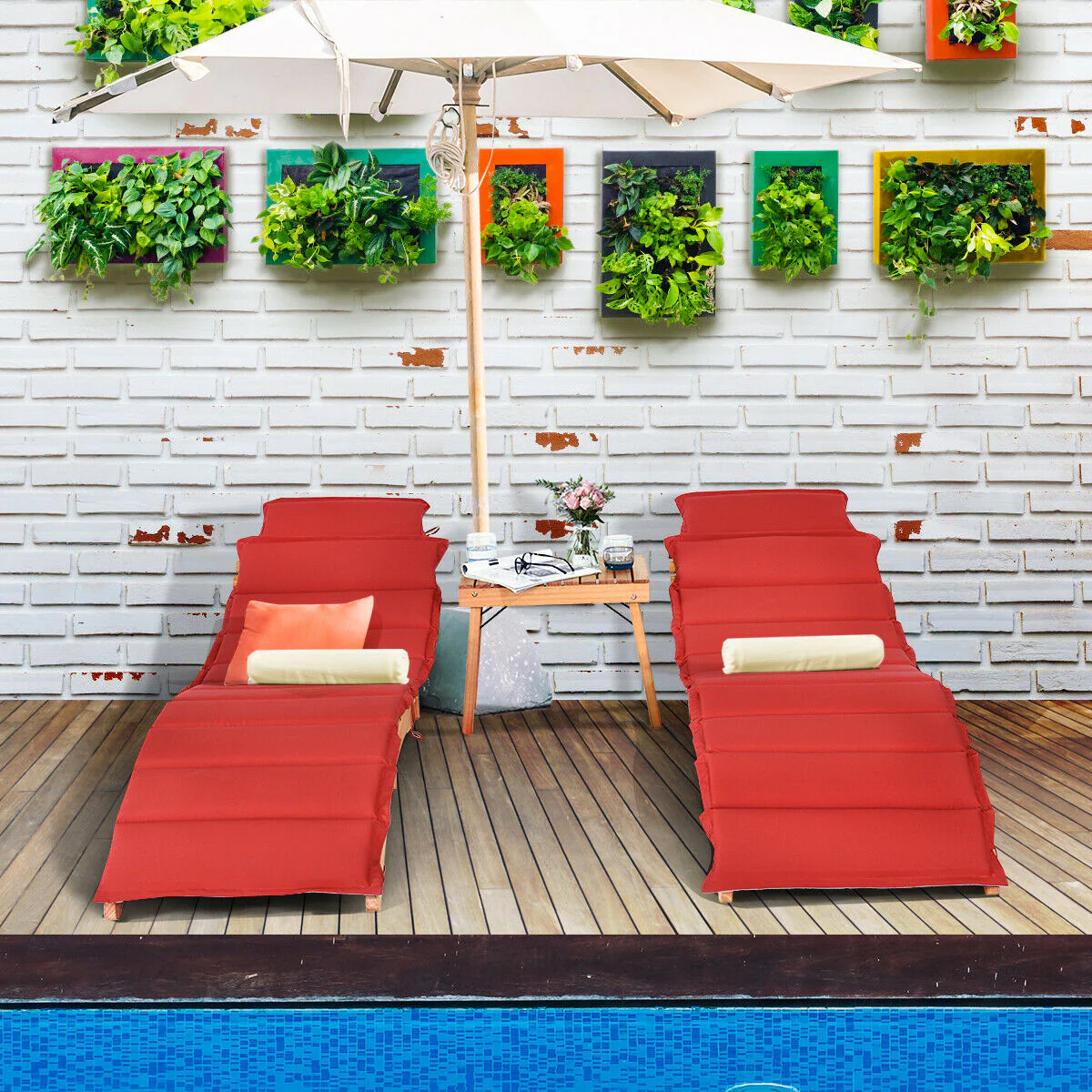 Wooden Folding Patio Lounge Chair Table Set, 3 Pieces, Red - Image 3