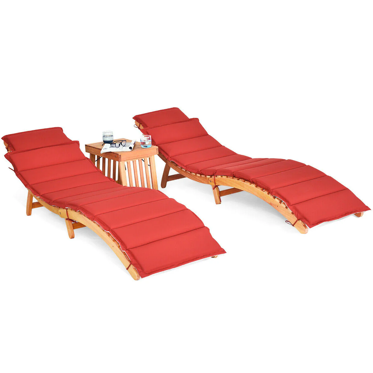Wooden Folding Patio Lounge Chair Table Set, 3 Pieces, Red - Image 4