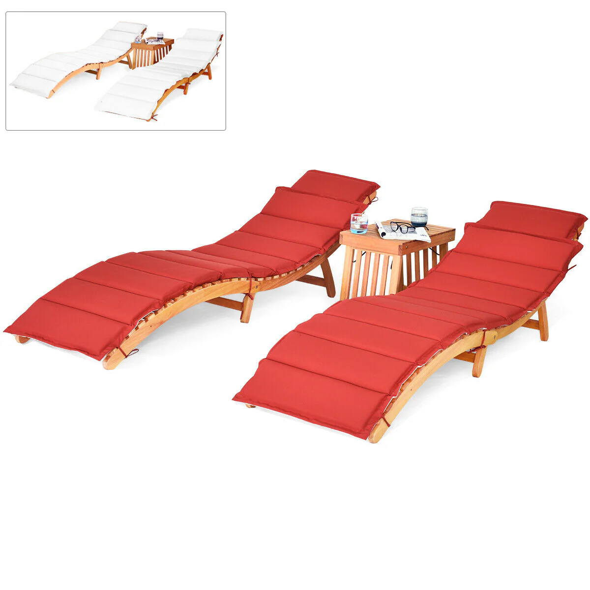Wooden Folding Patio Lounge Chair Table Set, 3 Pieces, Red - Image 5