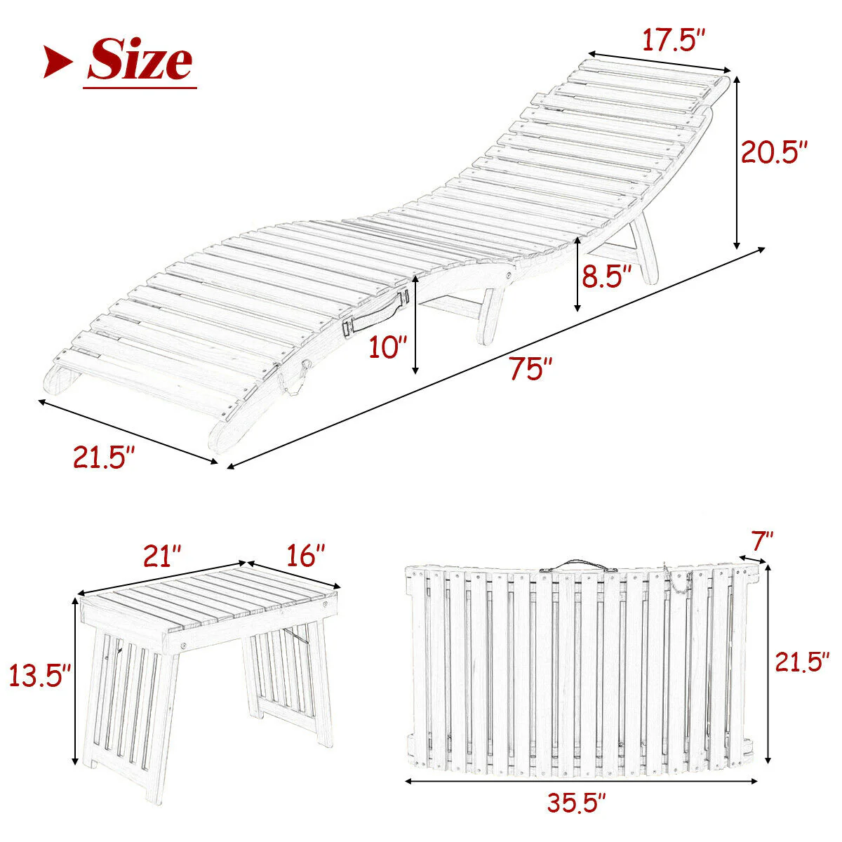 Wooden Folding Patio Lounge Chair Table Set, 3 Pieces, Red - Image 6